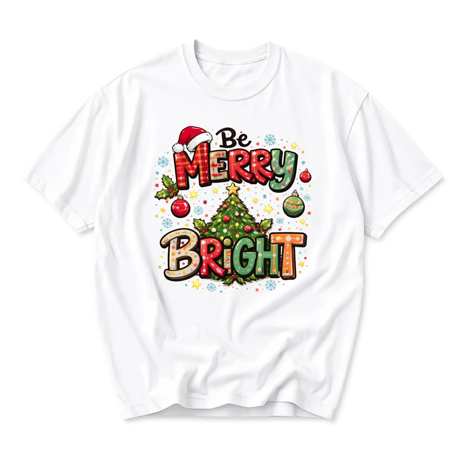 T-shirt Be Merry and Bright Christmas Holiday Graphic Tee Unisex Short Sleeve Crew Neck Seasonal Apparel White Shirt