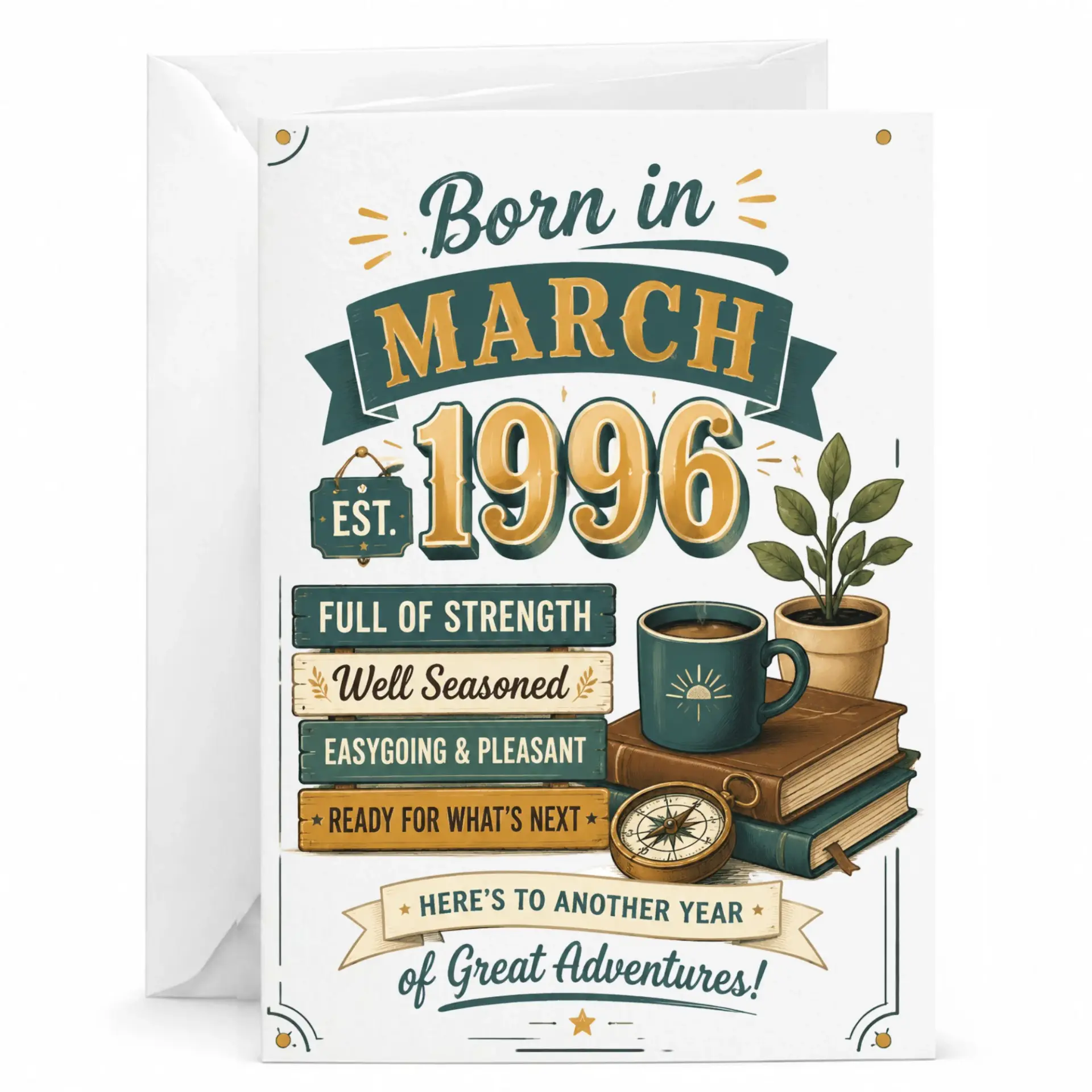 Birthday Card Born in March 1996 Vintage Style Greeting Card for Milestone Birthday Celebration with Envelope