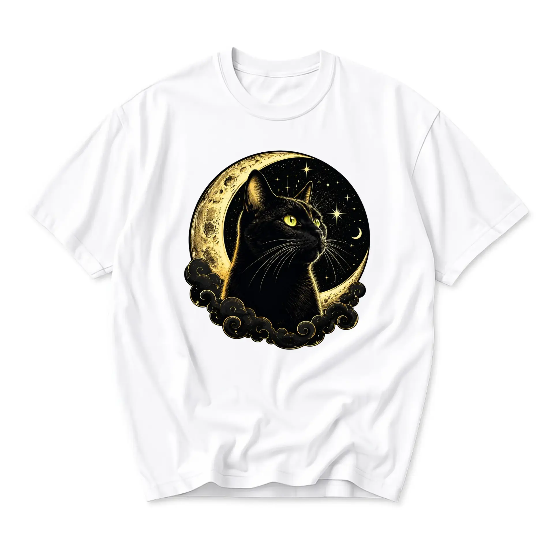 Graphic Tee Black Cat Celestial Moon Design Unisex Crew Neck Short Sleeve Cotton Casual Everyday Apparel White