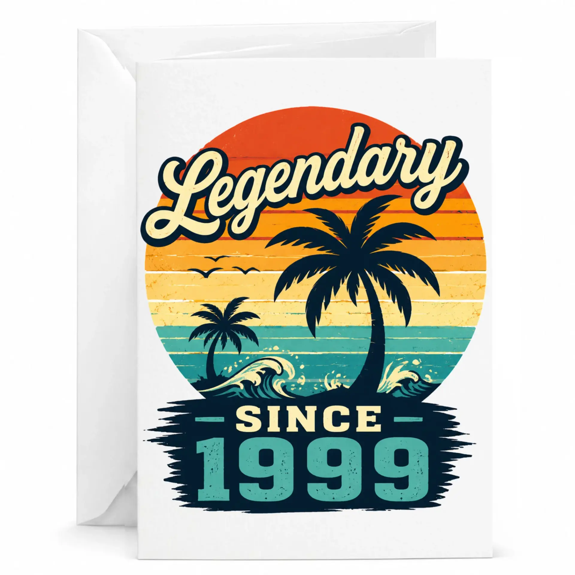 Greeting Card Legendary Since 1999 Vintage Tropical Sunset Design Birthday Gift for Him or Her 5x7 Inch Folded Card