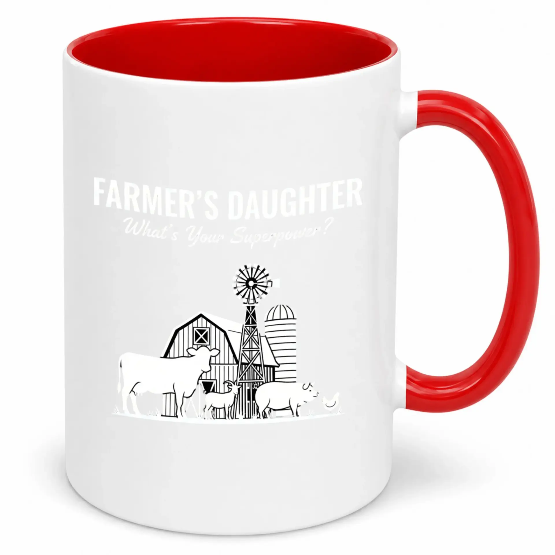 Funny Ceramic Coffee Mug for Farmer's Daughter with Superpower Quote and Farm Animal Design 11oz or 15oz Glossy Drinkware