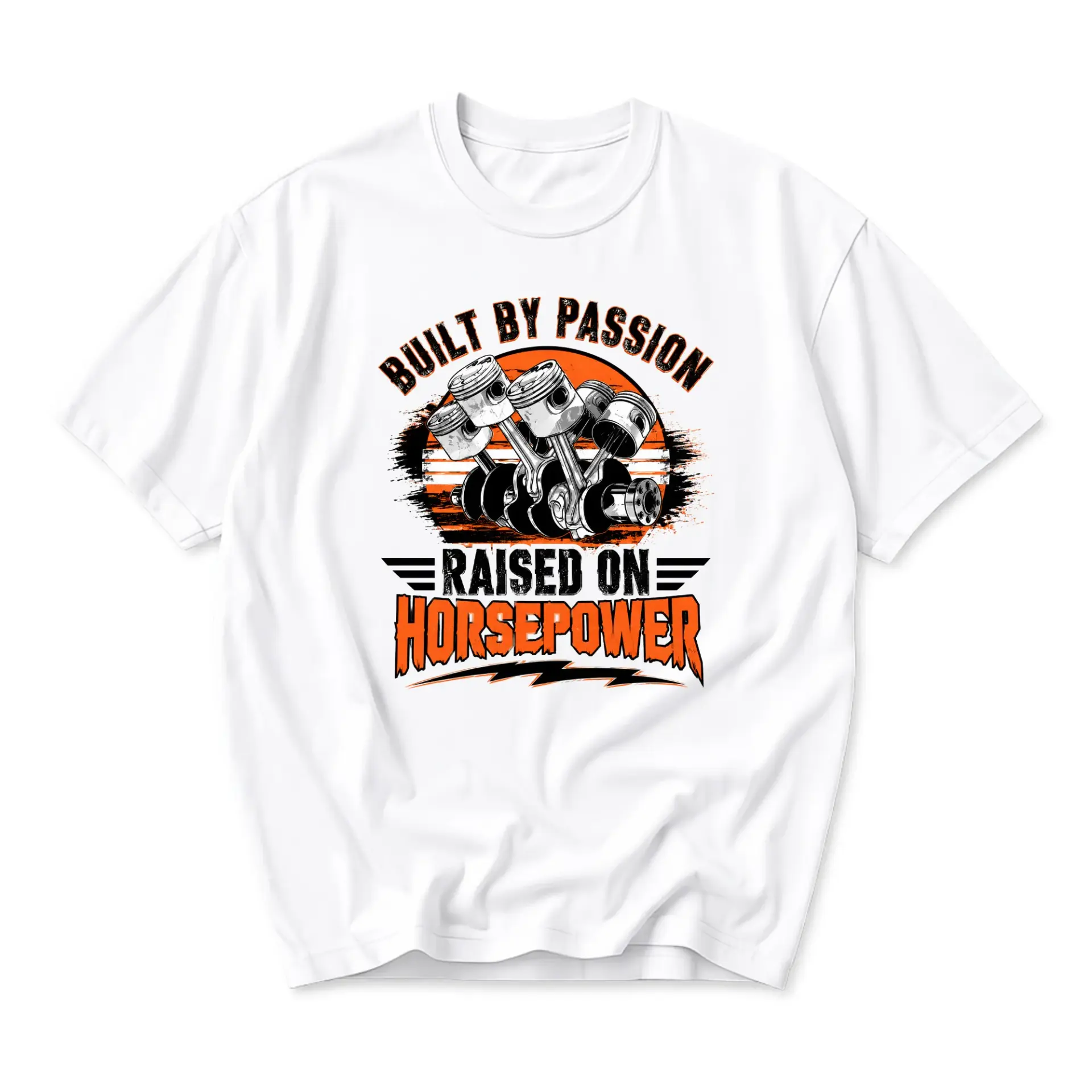 Graphic Tee Built by Passion Raised on Horsepower Unisex Crew Neck T-Shirt for Car Enthusiasts and Mechanic Apparel