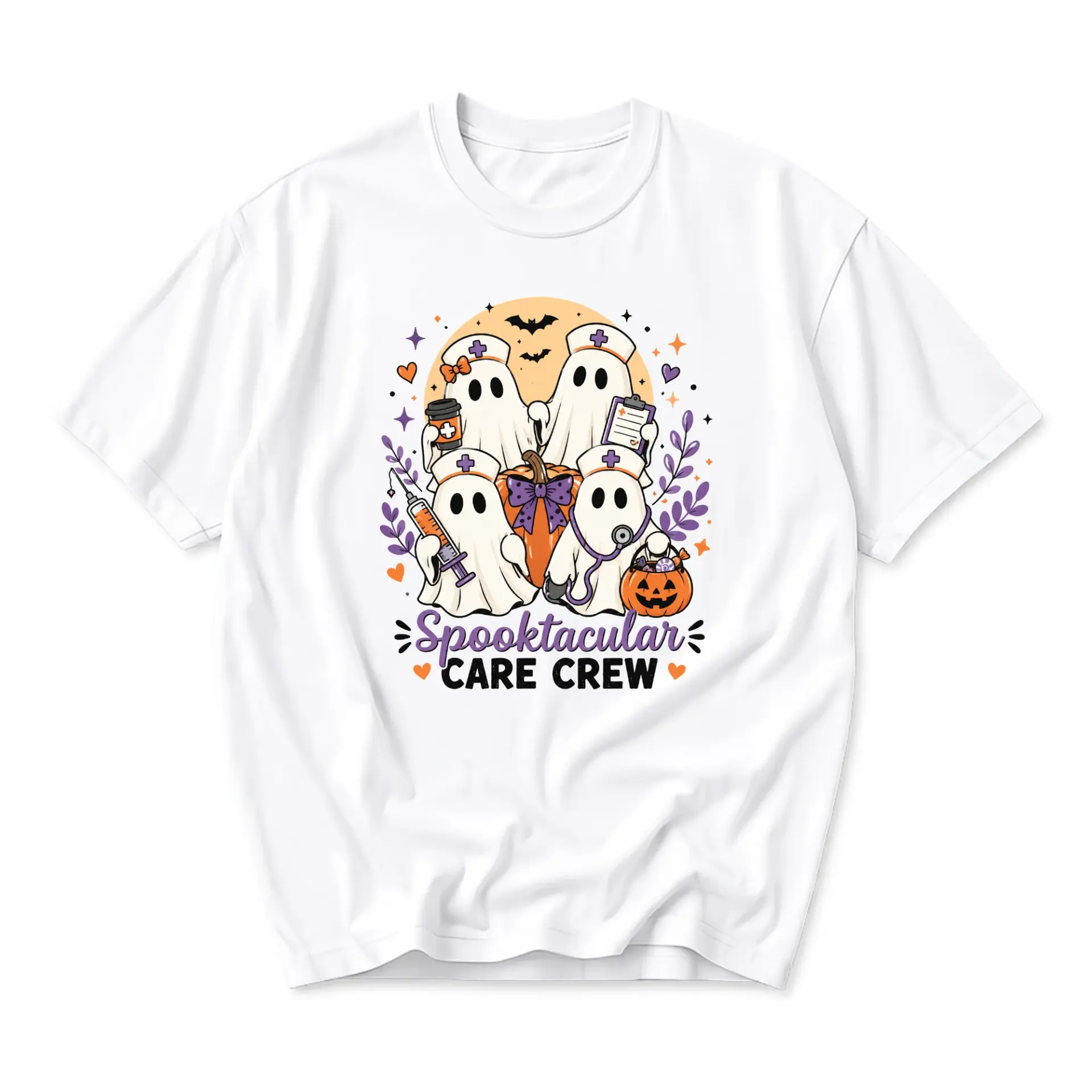 Graphic Tee Spooktacular Care Crew Nurse Ghost Print Unisex Cotton Crew Neck Short Sleeve Casual Holiday Apparel White