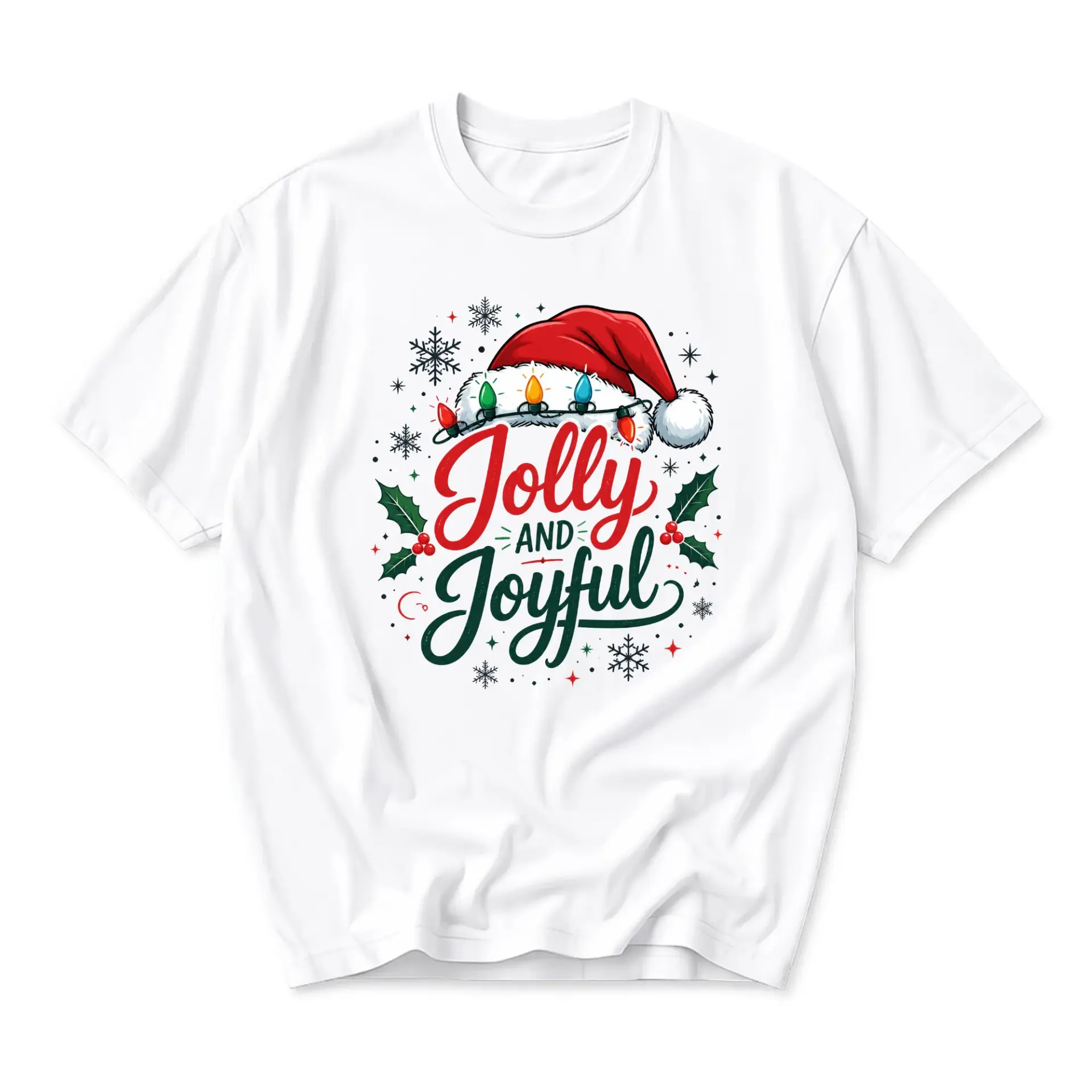 Graphic Tee Jolly and Joyful Holiday Seasonal Print Unisex Crew Neck Cotton Blend Short Sleeve Shirt for Everyday Wear