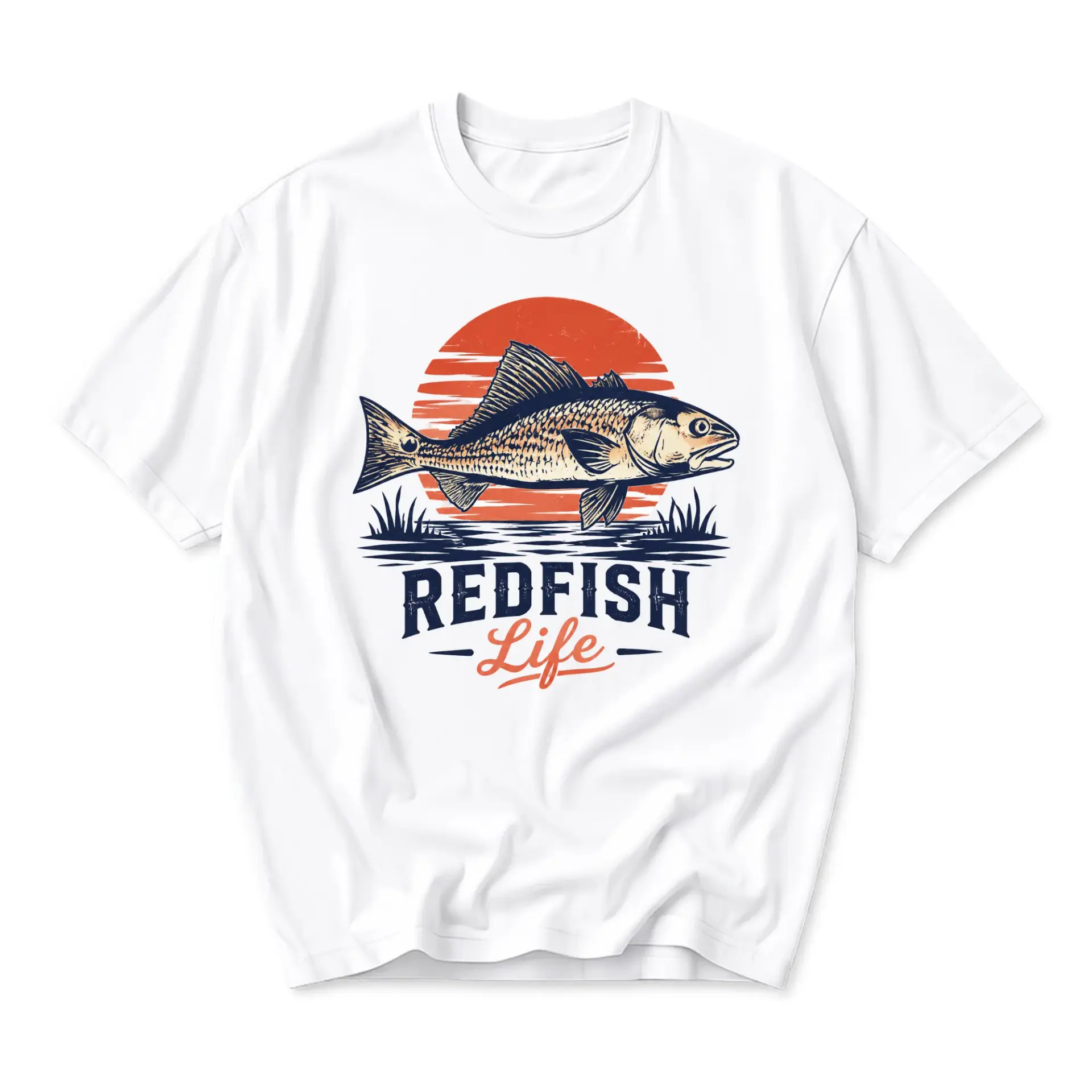 Graphic Tee Redfish Life Fishing Shirt Vintage Sunset Outdoor Sport Apparel