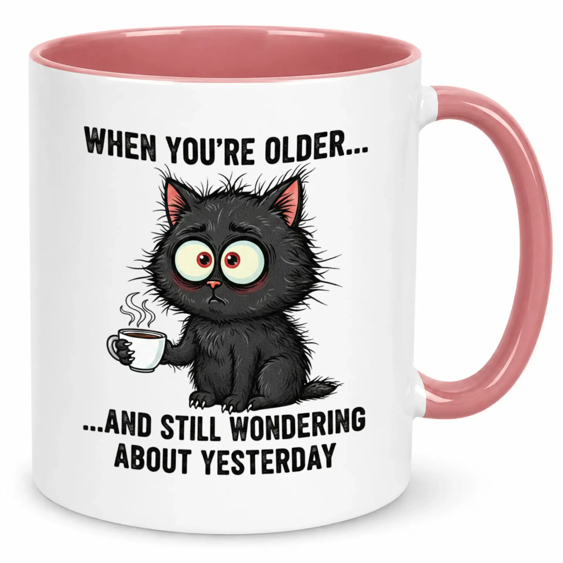Funny Ceramic Coffee Mug with Cartoon Black Cat Design Humorous Saying Tea Cup White and Pink Accent Gift for Everyday Enjoyment