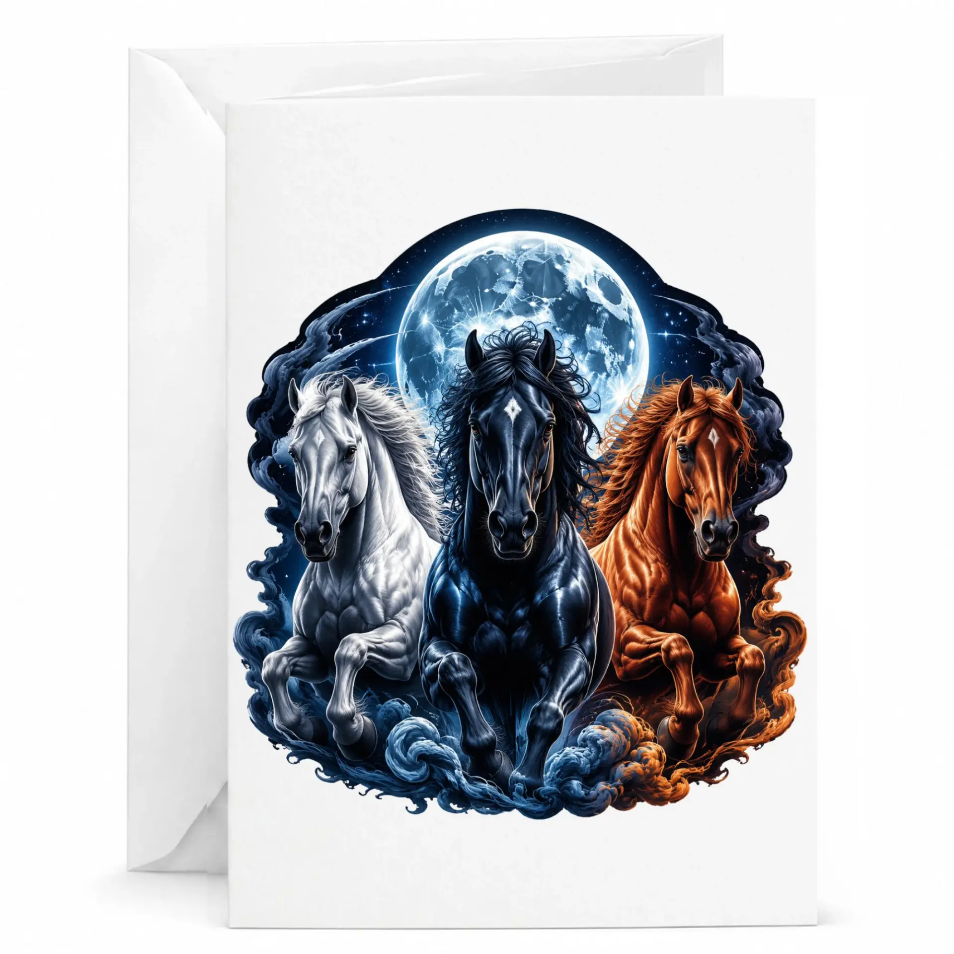 Greeting Card Featuring Three Horses Running under a Full Moon Artistic Illustration on Heavyweight Cardstock