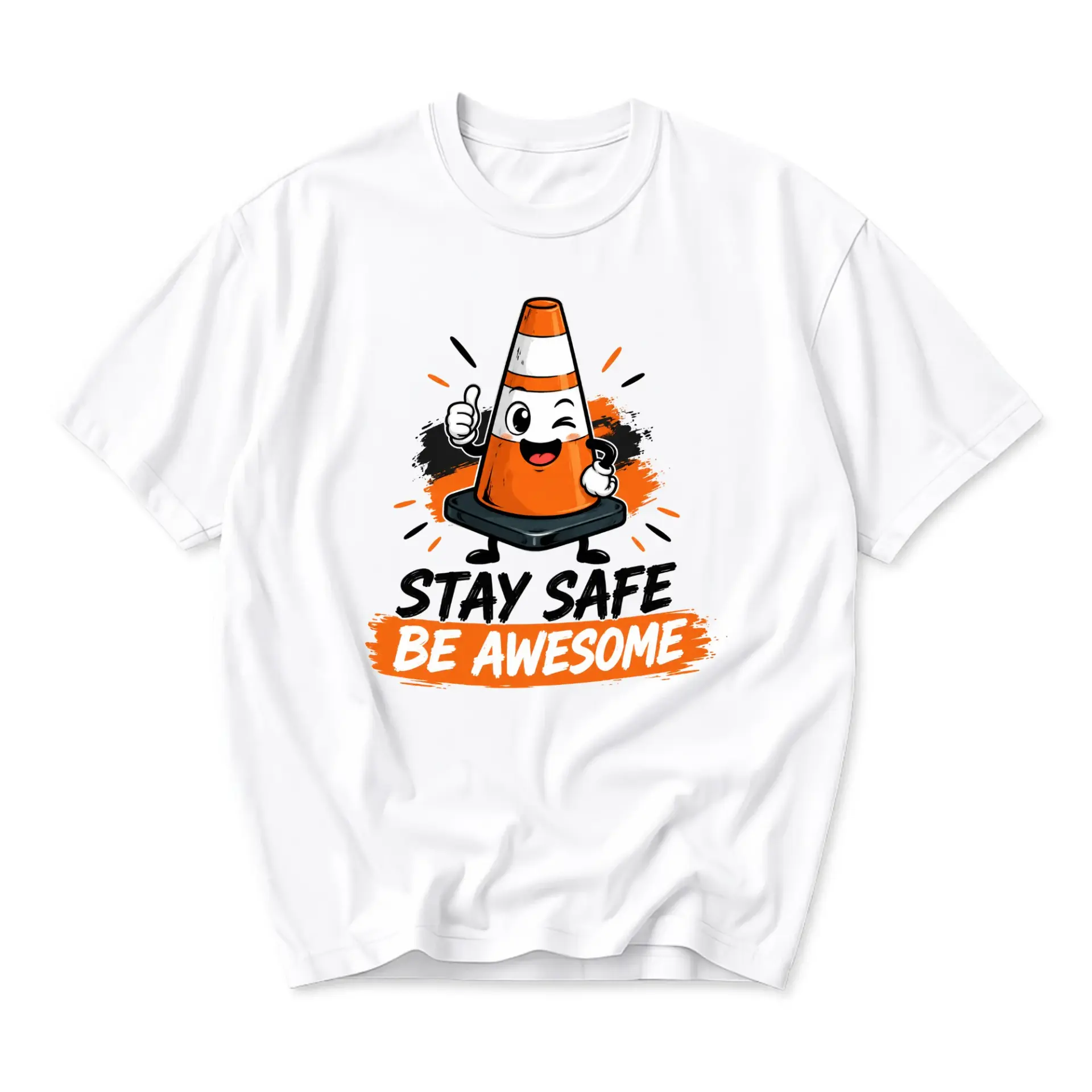 Funny Shirt Stay Safe Be Awesome Traffic Cone Cartoon Graphic Tee Casual Unisex Crew Neck Cotton Blend Apparel