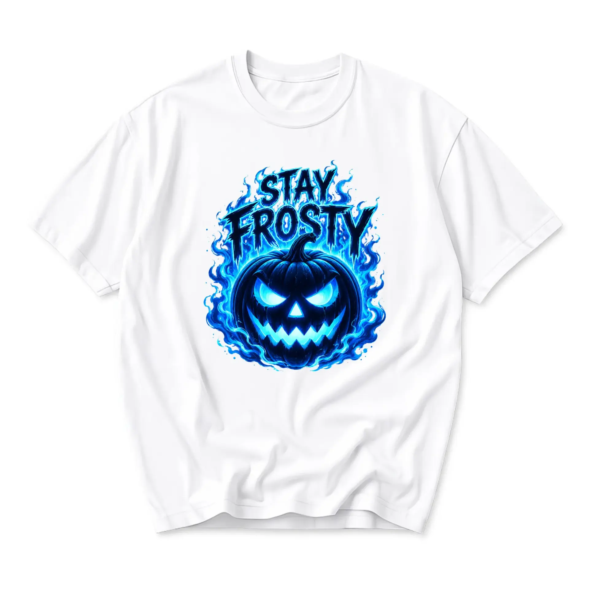 Graphic Tee Stay Frosty Blue Fire Jack O Lantern Halloween Shirt Unisex Crew Neck Everyday Casual Apparel White