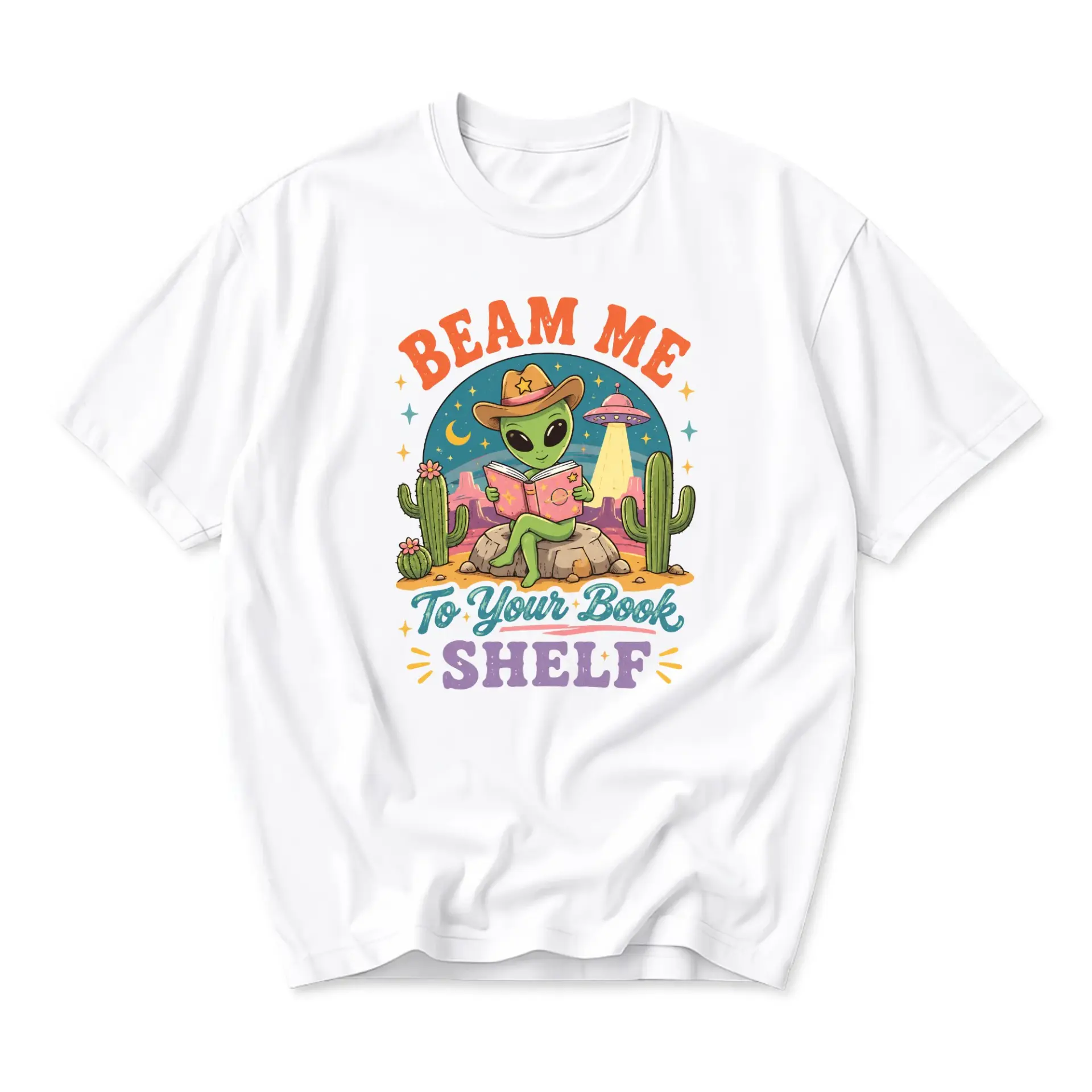 Funny Shirt Alien Reading Book Graphic Tee Retro Western Space Illustration Unisex Crew Neck Casual Cotton Top