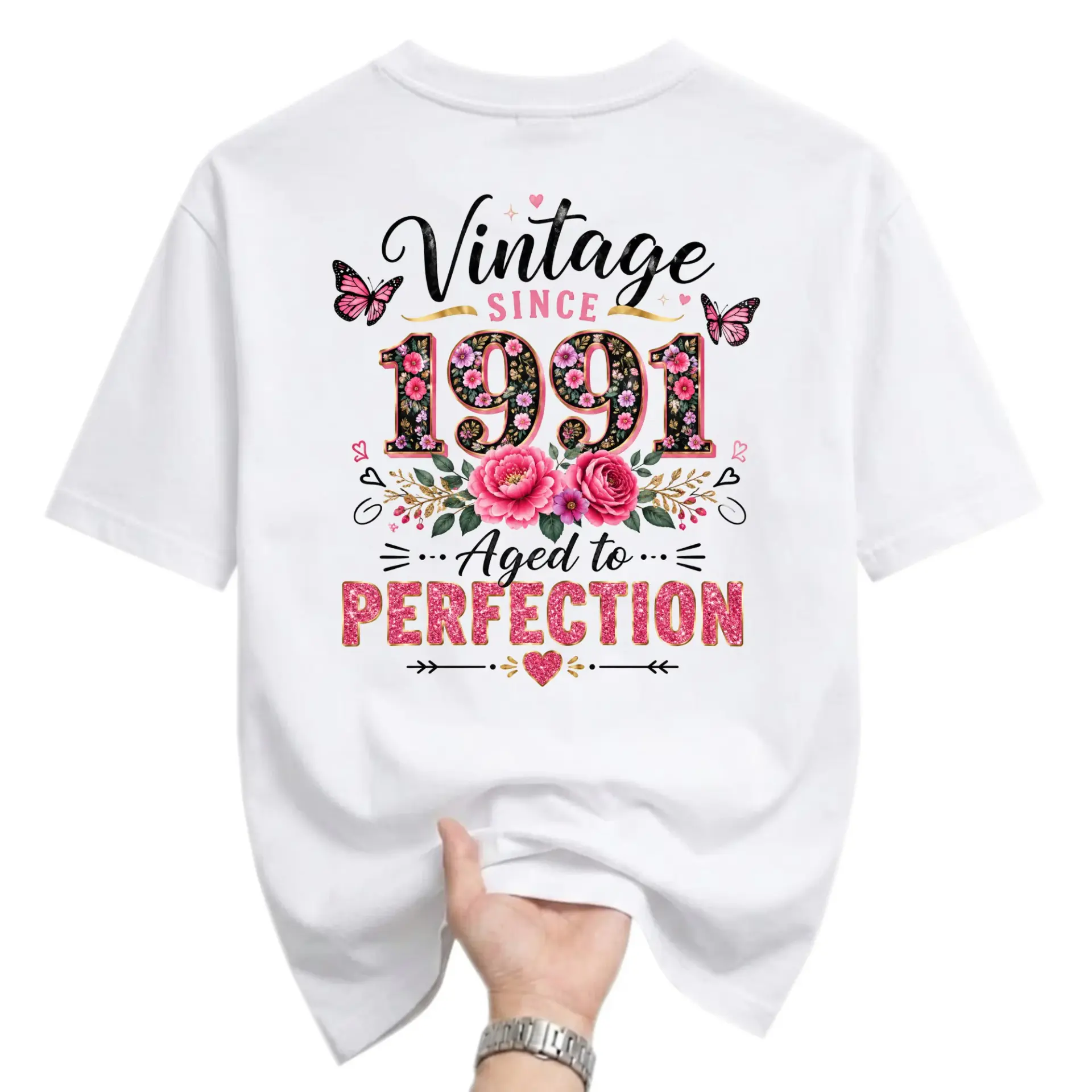 Vintage Since 1991 Aged to Perfection T-Shirt Floral Birthday Butterfly Graphic Tee Unisex Casual Crew Neck Shirt