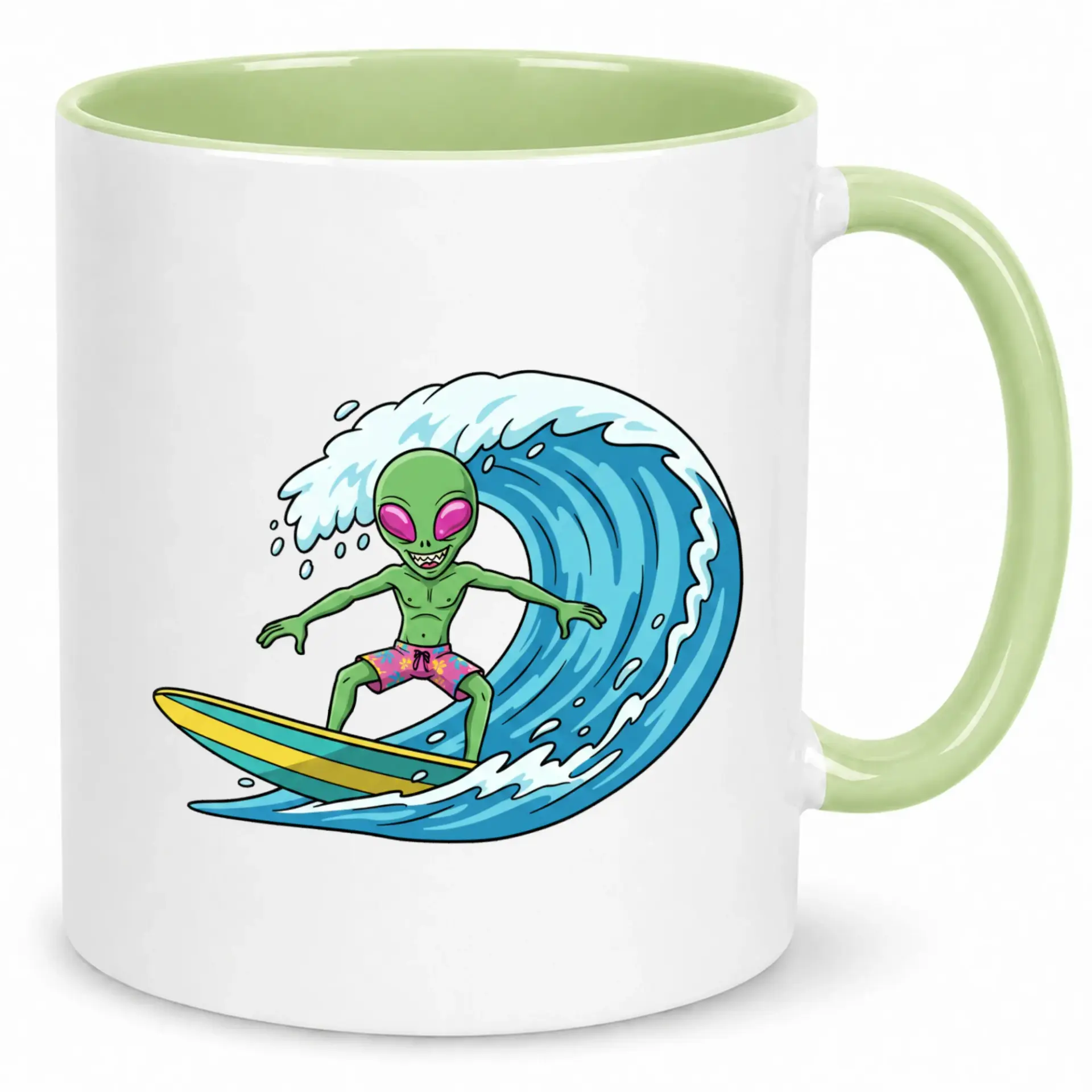 Funny Alien Surfing Ceramic Coffee Mug with Green Handle and Interior, Unique Extraterrestrial Surfboard Design for Beverage Enjoyment