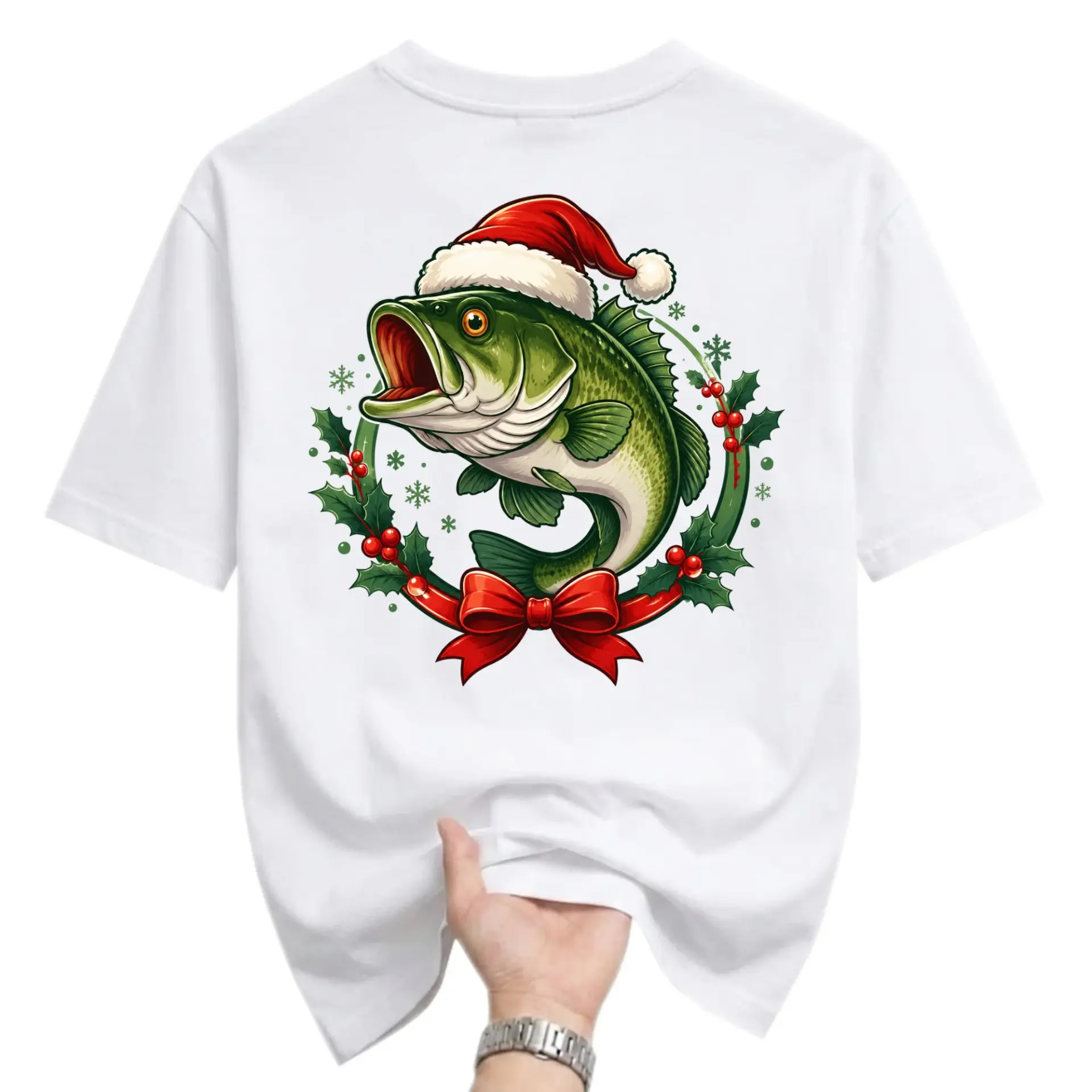Graphic Tee Christmas Fishing Holiday T-Shirt Festive Largemouth Wearing