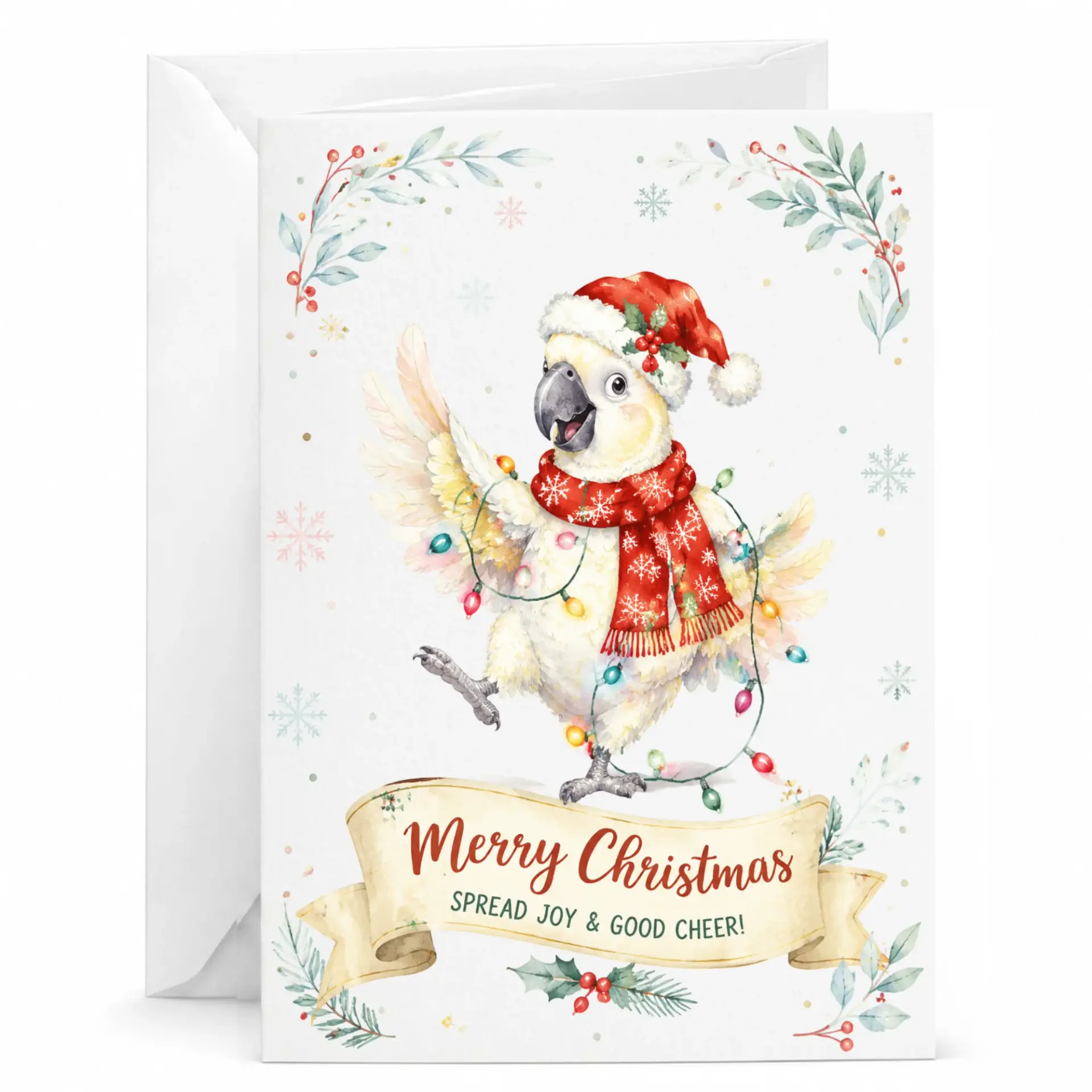 Greeting Card Merry Christmas Cockatoo Holiday Illustration with Festive Garland and Watercolor Winter Botanical Elements