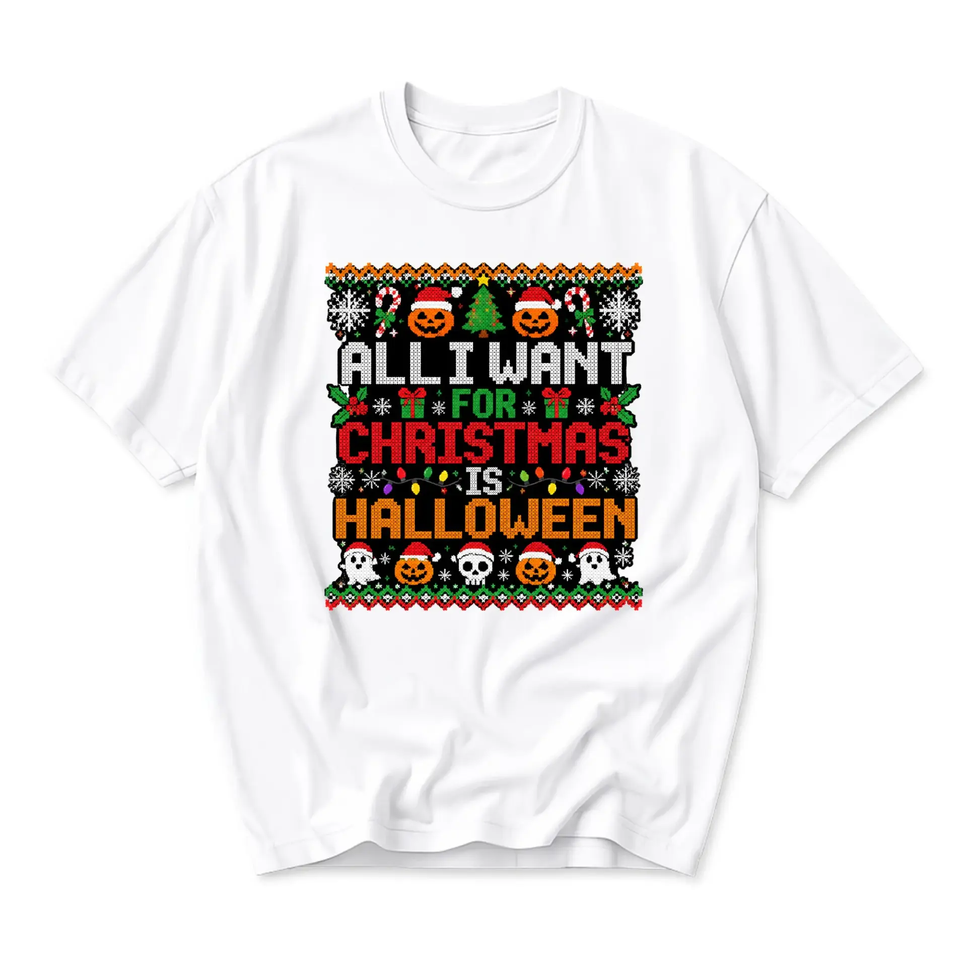 Funny Shirt All I Want for Christmas Is Halloween Graphic Tee Retro Ugly Sweater Style Holiday Costume Print