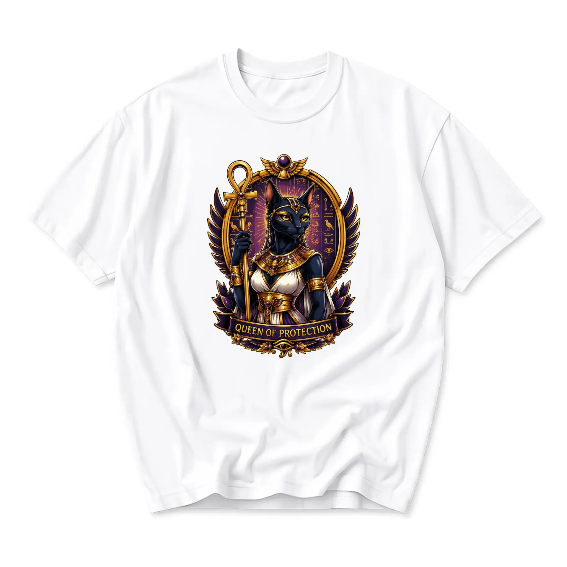 Graphic Tee Queen of Protection Egyptian Cat Illustration Unisex Crew Neck Cotton Blend Casual Apparel Shirt