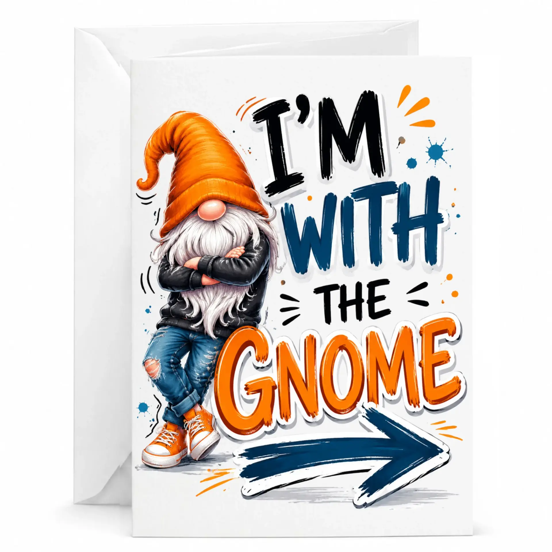 Funny Gnome Greeting Card Im with the Pun Illustration for Birthdays and Personal Notes Envelope