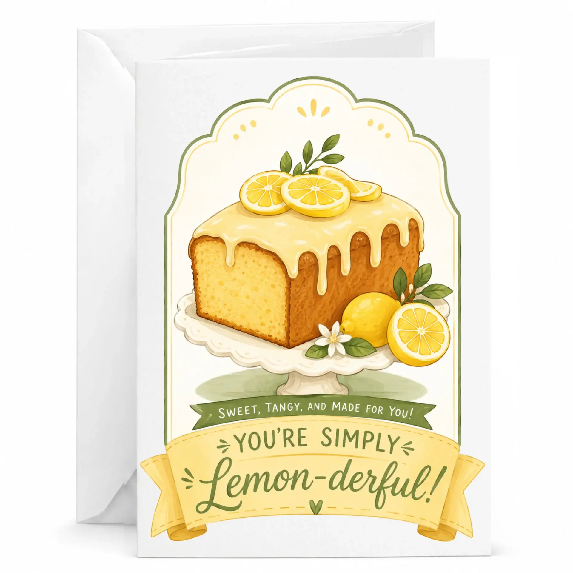 Greeting Card with Lemon Cake Illustration for Encouragement and Birthday Greetings Charming Food Art Stationery