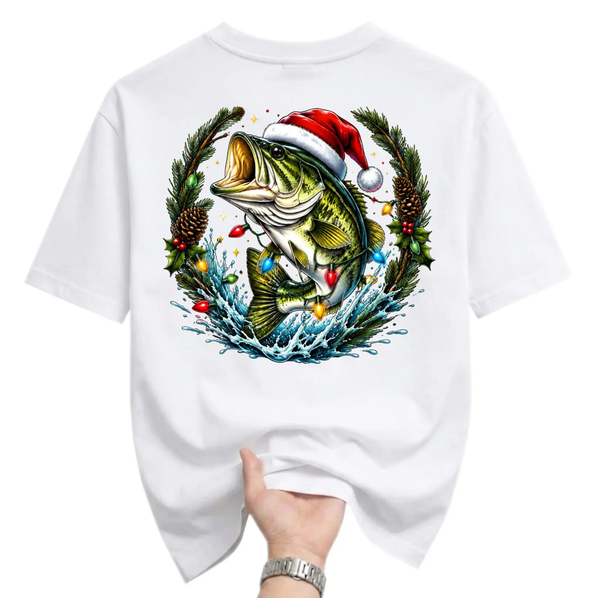Graphic Tee Unisex Holiday Fishing Shirt Festive Largemouth Wearing Santa