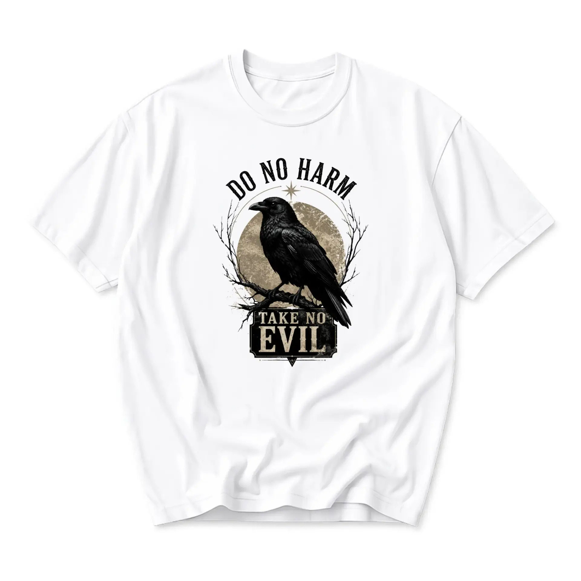 Graphic Tee Do No Harm Take No Evil Raven Design Unisex Crew Neck Short Sleeve Casual Cotton Blend Shirt White