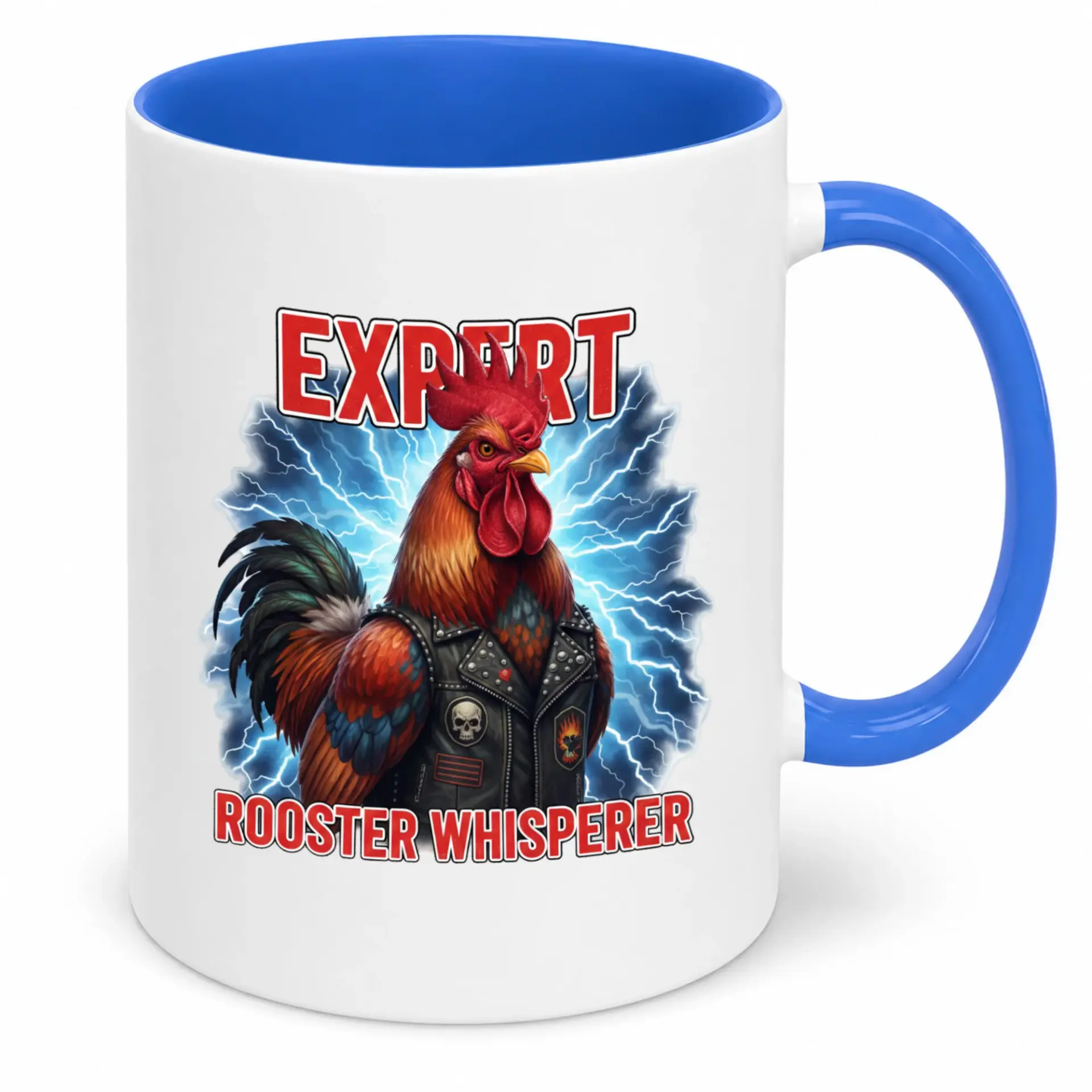Funny Coffee Mug with Expert Rooster Whisperer Design Unique Biker and Lightning Graphic Beverage Enjoyment