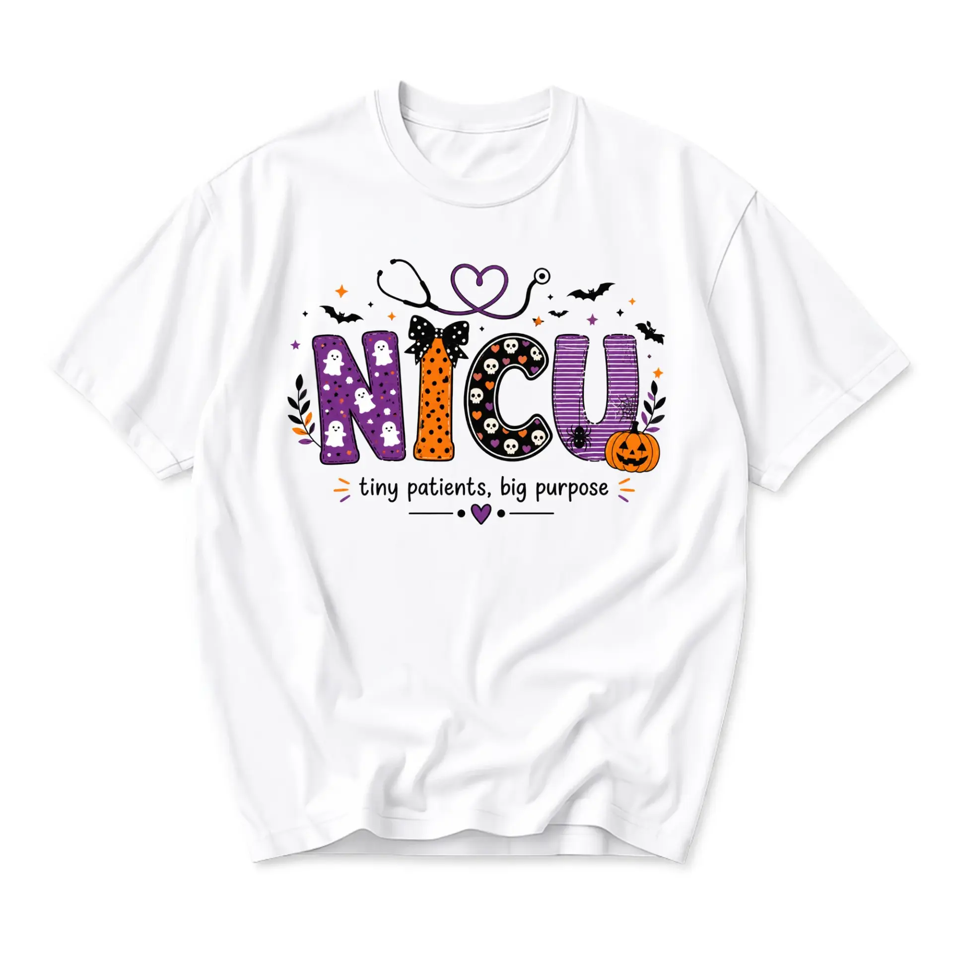 Graphic Tee Nicu Nurse Halloween Shirt Tiny Patients Big Purpose Gift Short Sleeve Unisex Crew Neck Cotton Top White