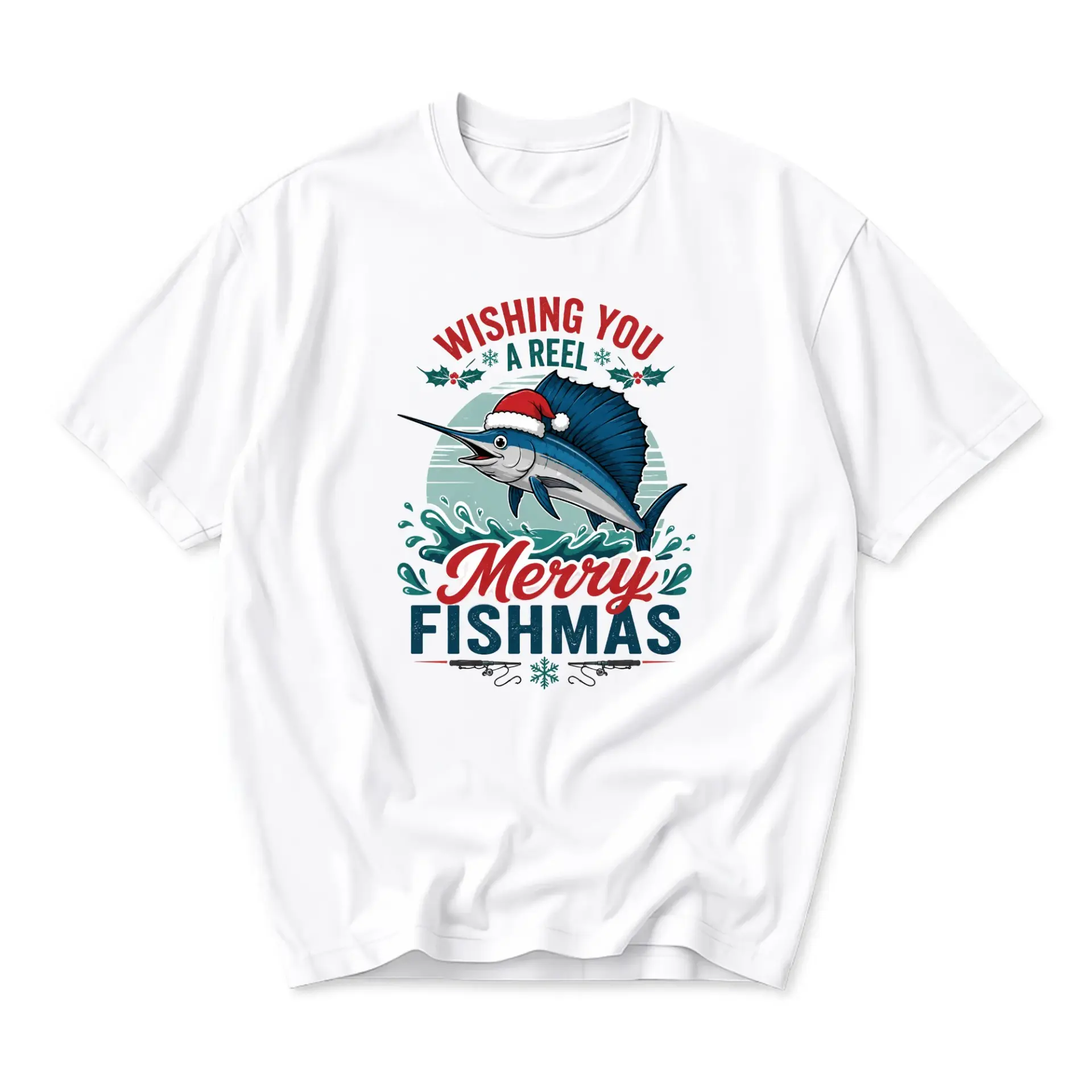 Funny Shirt Merry Fishmas Sailfish Graphic Tee Holiday Fishing Enthusiast Casual Unisex Crew Neck Cotton T-Shirt