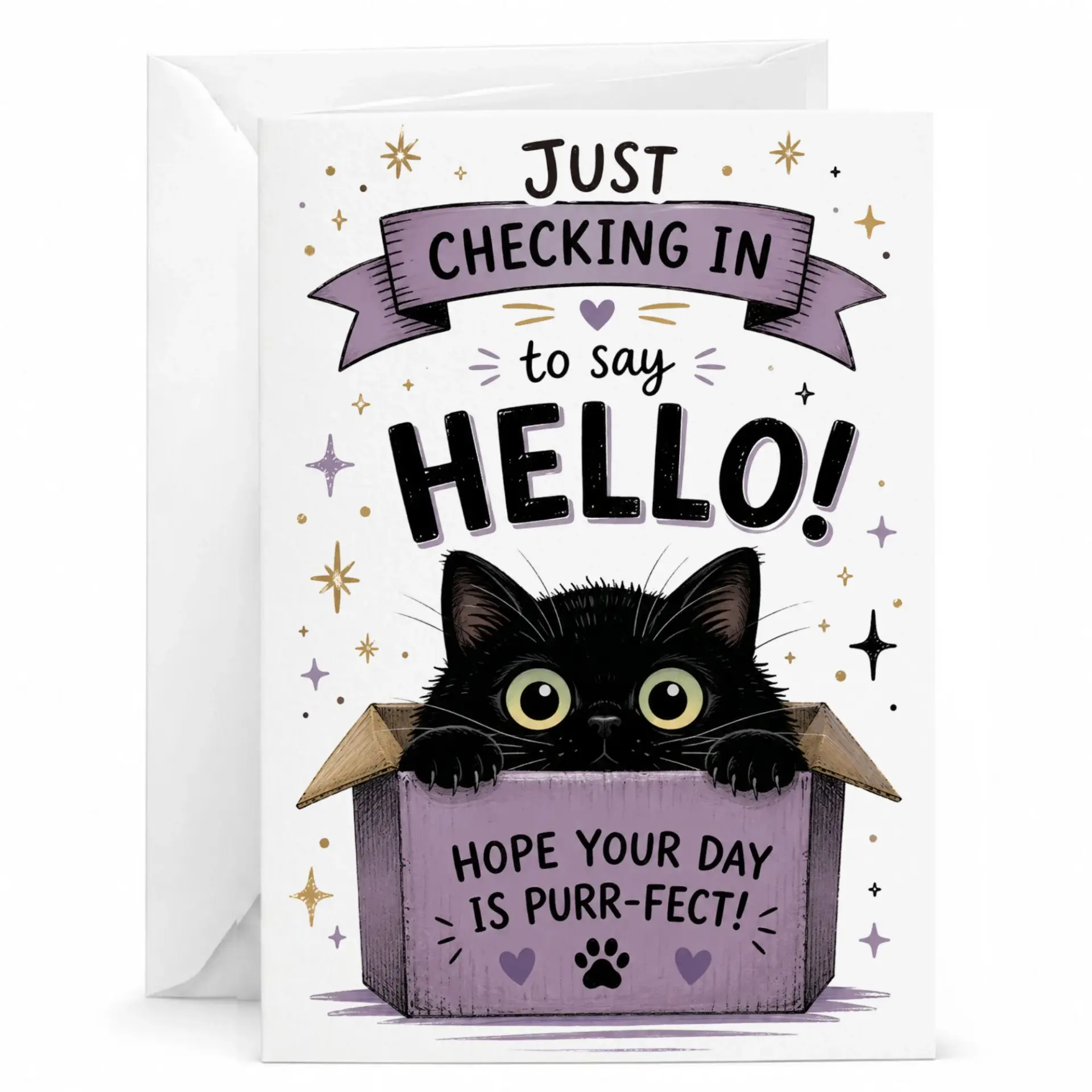 Funny Cat Greeting Card Just Checking in to Say Hello Cute Black Kitten in Box Design for Any Occasion 5x7