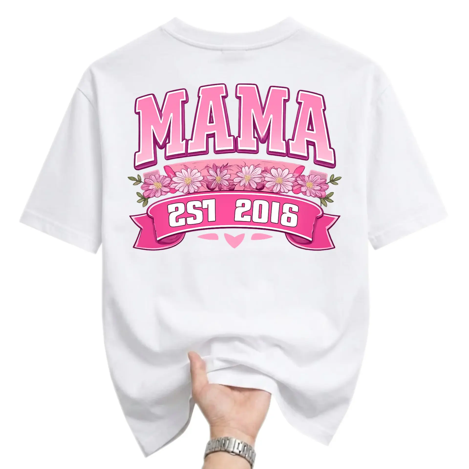 Graphic Tee Mama Est 2018 Floral Ribbon Design Unisex Crew Neck Shirt Comfortable Casual Everyday Cotton Top