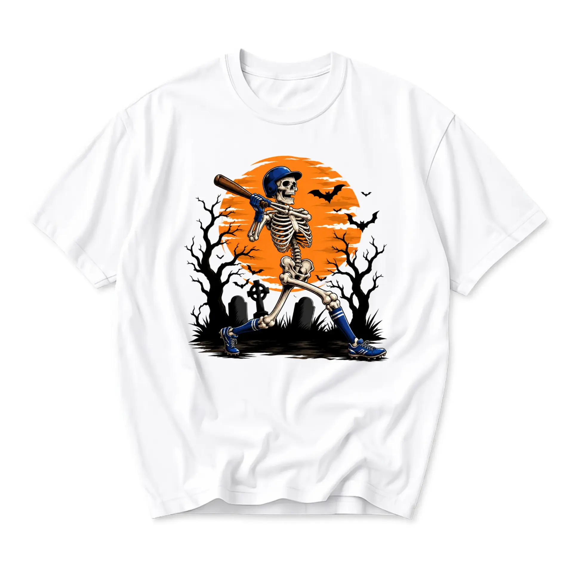 Graphic Tee Skeleton Baseball Player Swings Bat in Haunted Graveyard Scene Unisex Casual Soft Cotton Crewneck T-Shirt