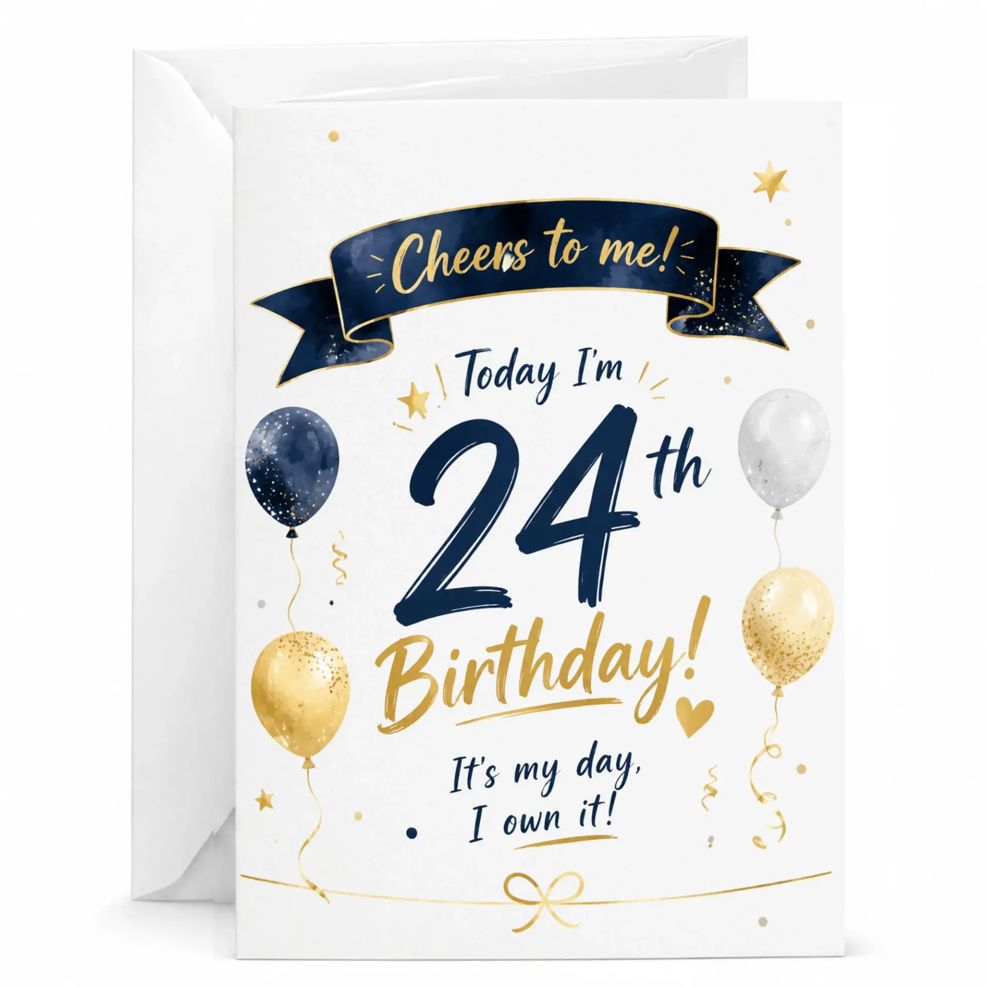 Birthday Card for 24th Birthday Celebration Navy and Gold Balloon Design with Elegant Script and Decorative Banner