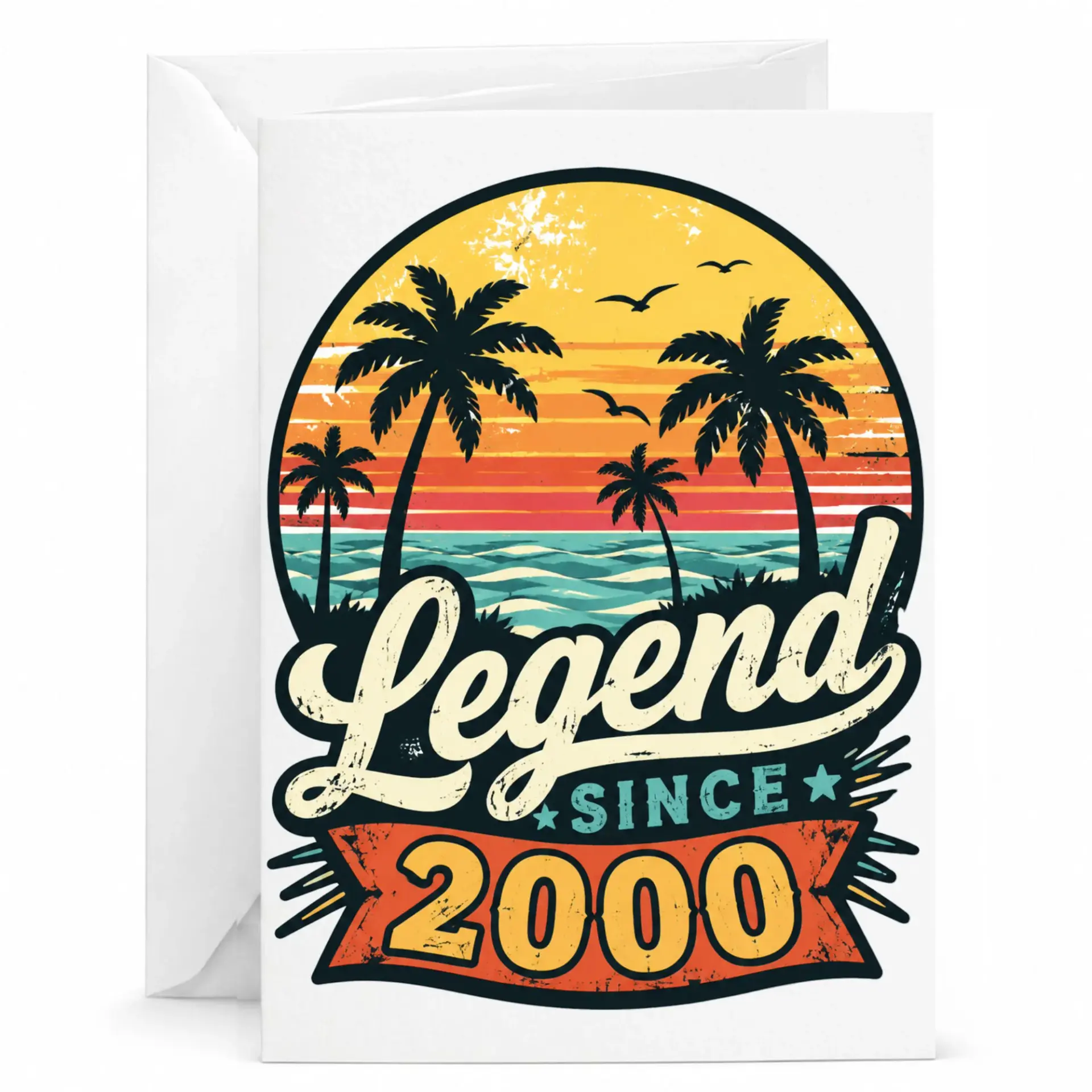 Birthday Card Legend Since 2000 Vintage Sunset Beach Theme Greeting Card for Milestone Celebration and Anniversary
