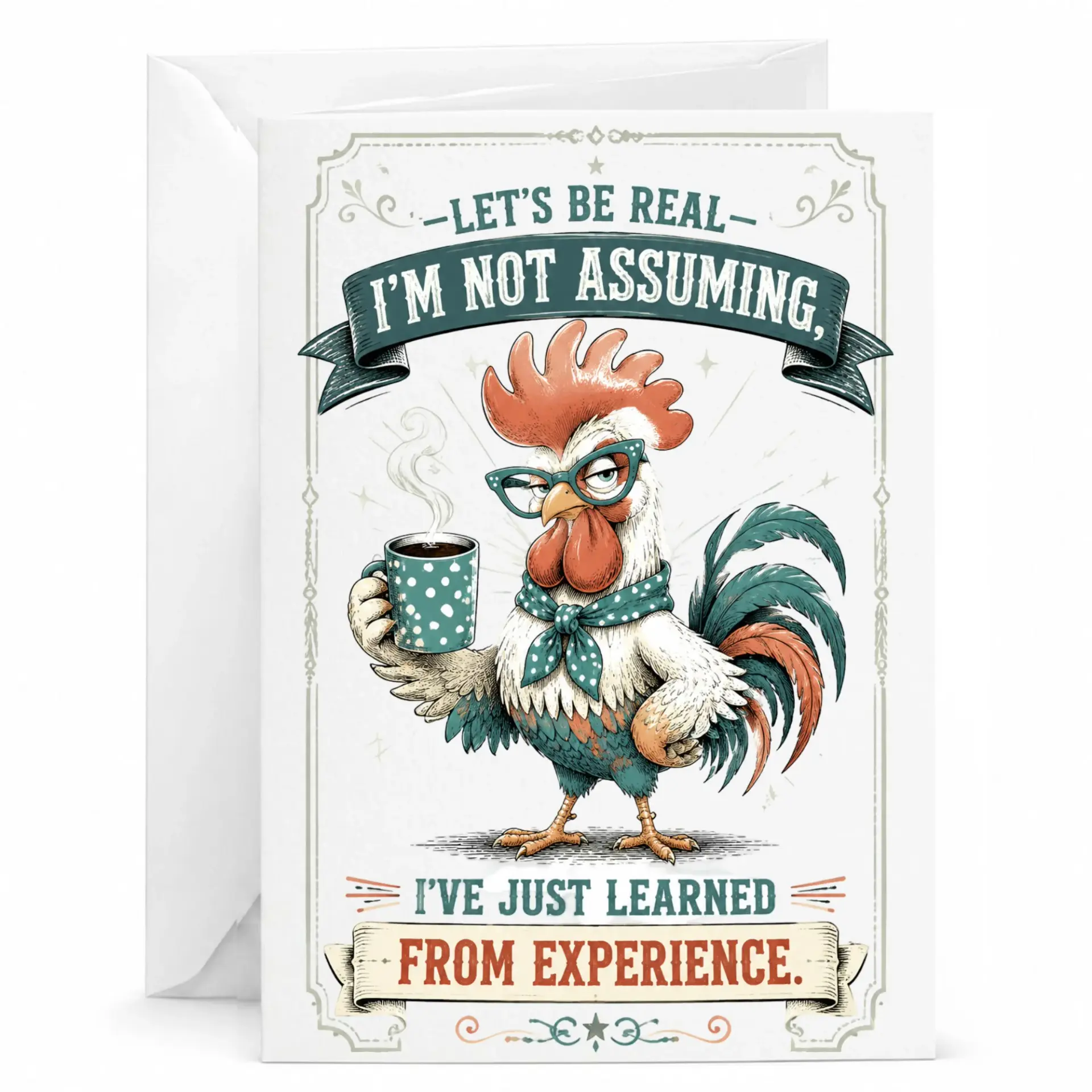 Funny Chicken Greeting Card Coffee Lover Humor Illustration Quirky Farm Animal Stationery for Friends and Family