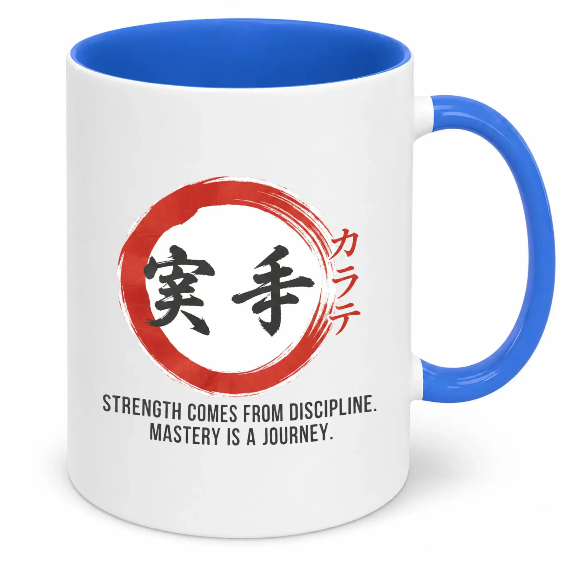 Karate Themed Coffee Mug, Inspirational Ceramic Drinkware with Japanese Calligraphy for Martial Arts Enthusiasts, Discipline and Mastery Quote Gift