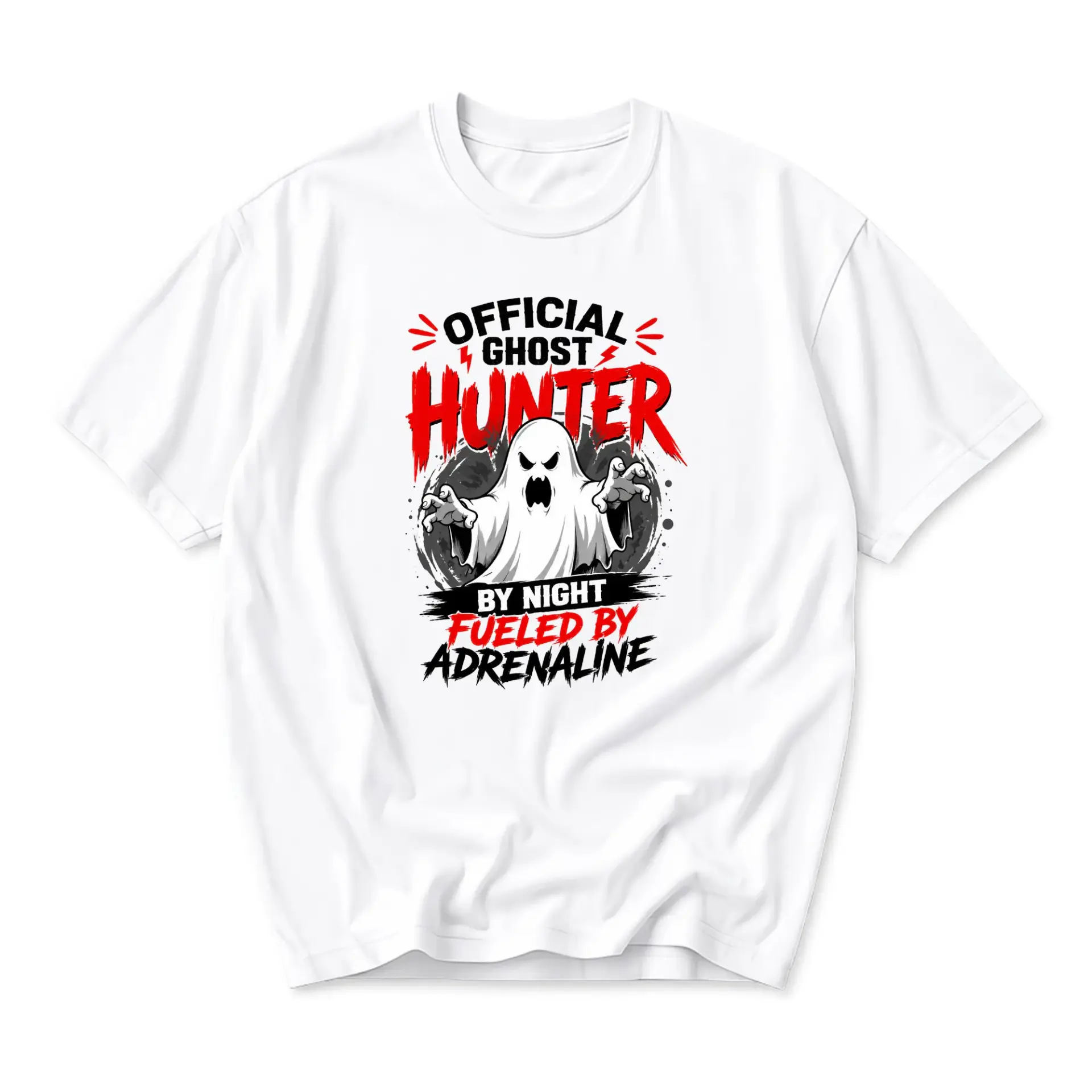 Funny Shirt Official Ghost Hunter by Night Fueled by Adrenaline Graphic Unisex Crew Neck Short Sleeve Casual Cotton Tee