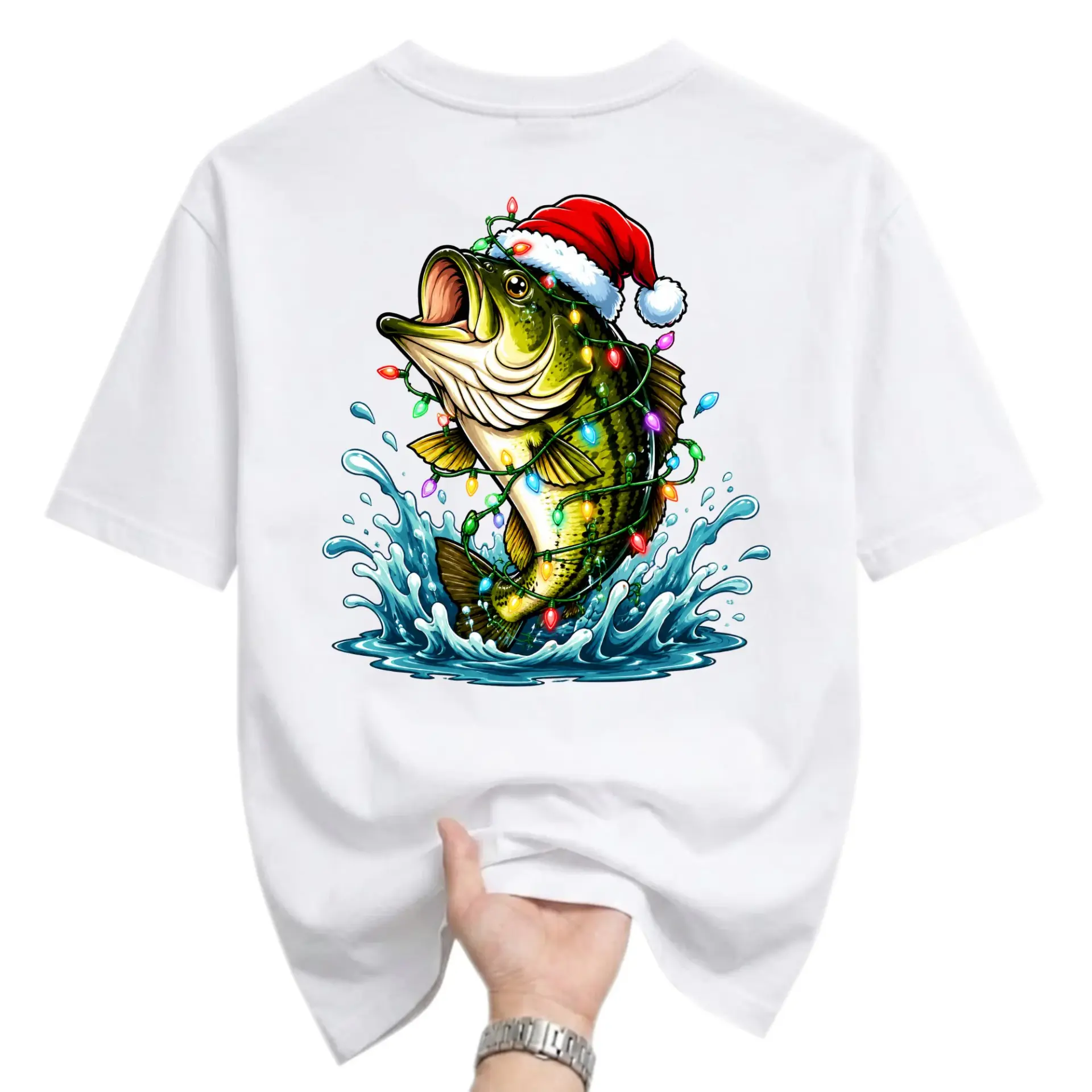 Funny Shirt Fishing with Christmas Lights Graphic Tee Unisex Casual Apparel