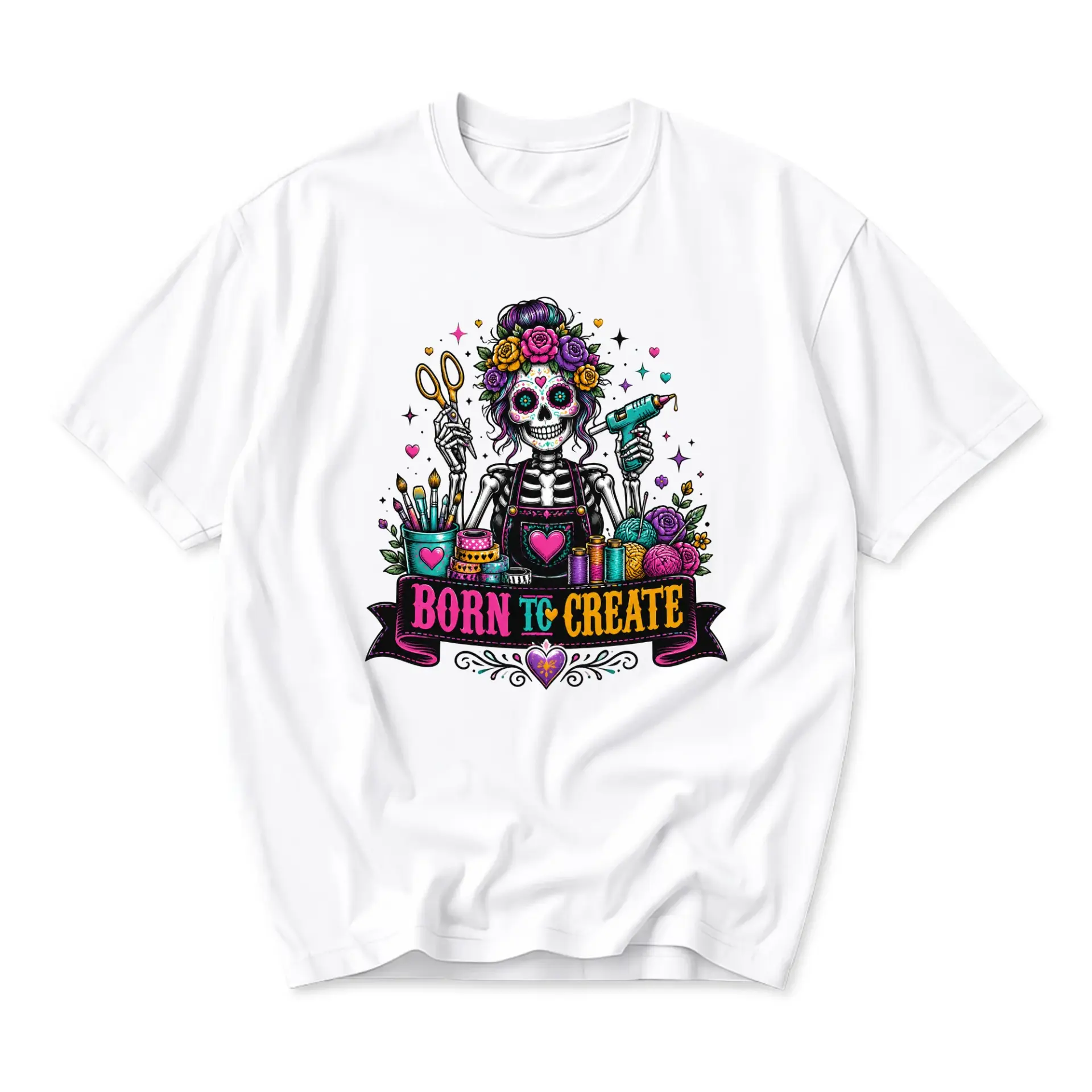T-shirt Born to Create Skeleton Crafter Graphic Tee Artistic Hobby Gift Unisex Casual Crew Neck Apparel White Shirt