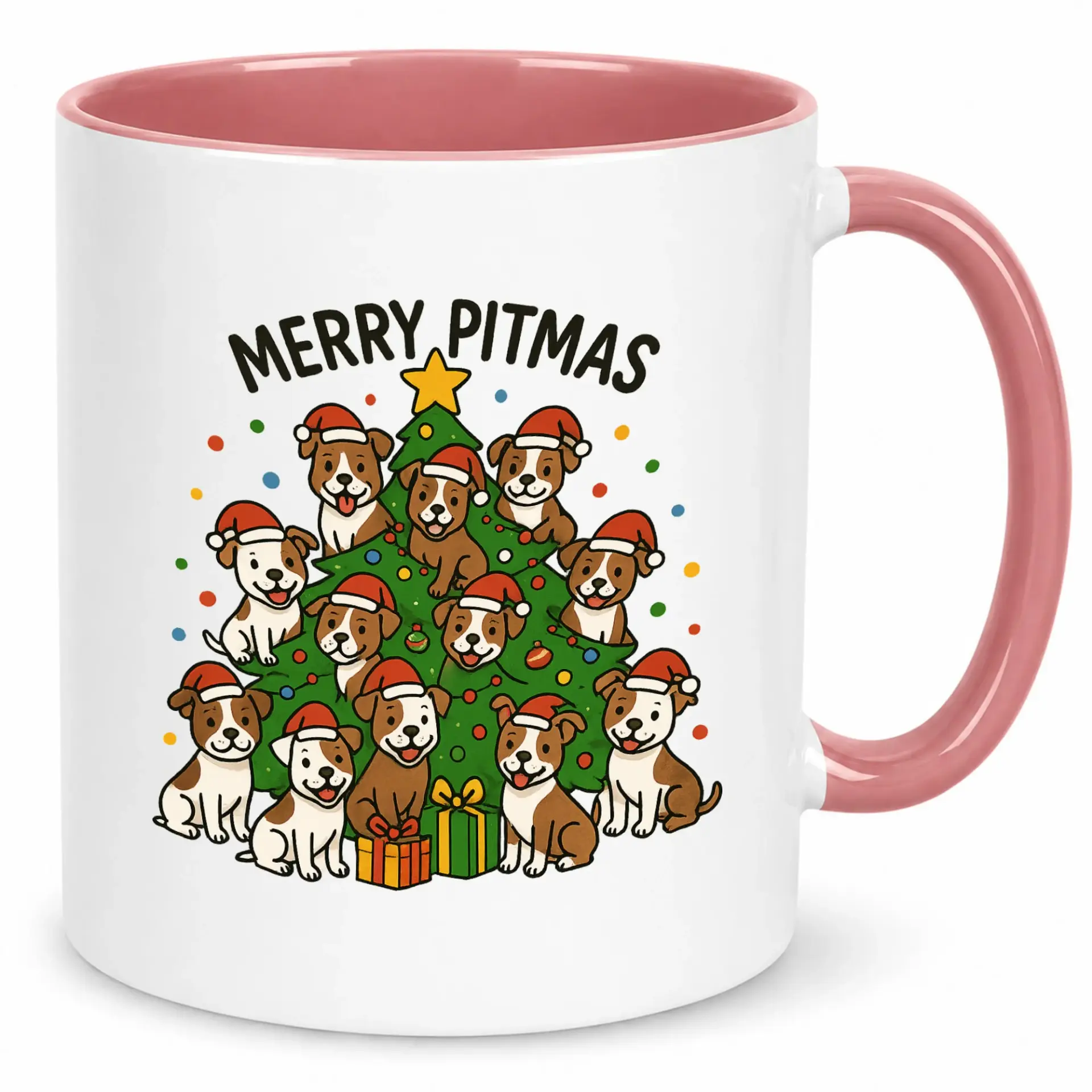 Funny Pitmas Christmas Coffee Mug with Adorable Pit Bull Dogs Design, Ceramic Holiday Beverage Cup for Dog Lovers, 11 Oz or 15 Oz