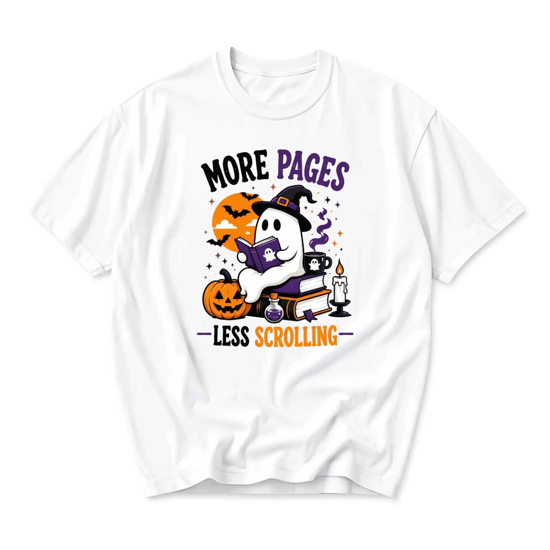 Graphic Tee More Pages Less Scrolling Funny Halloween Shirt Cute Ghost Reading Book Design Casual Cotton Unisex Top