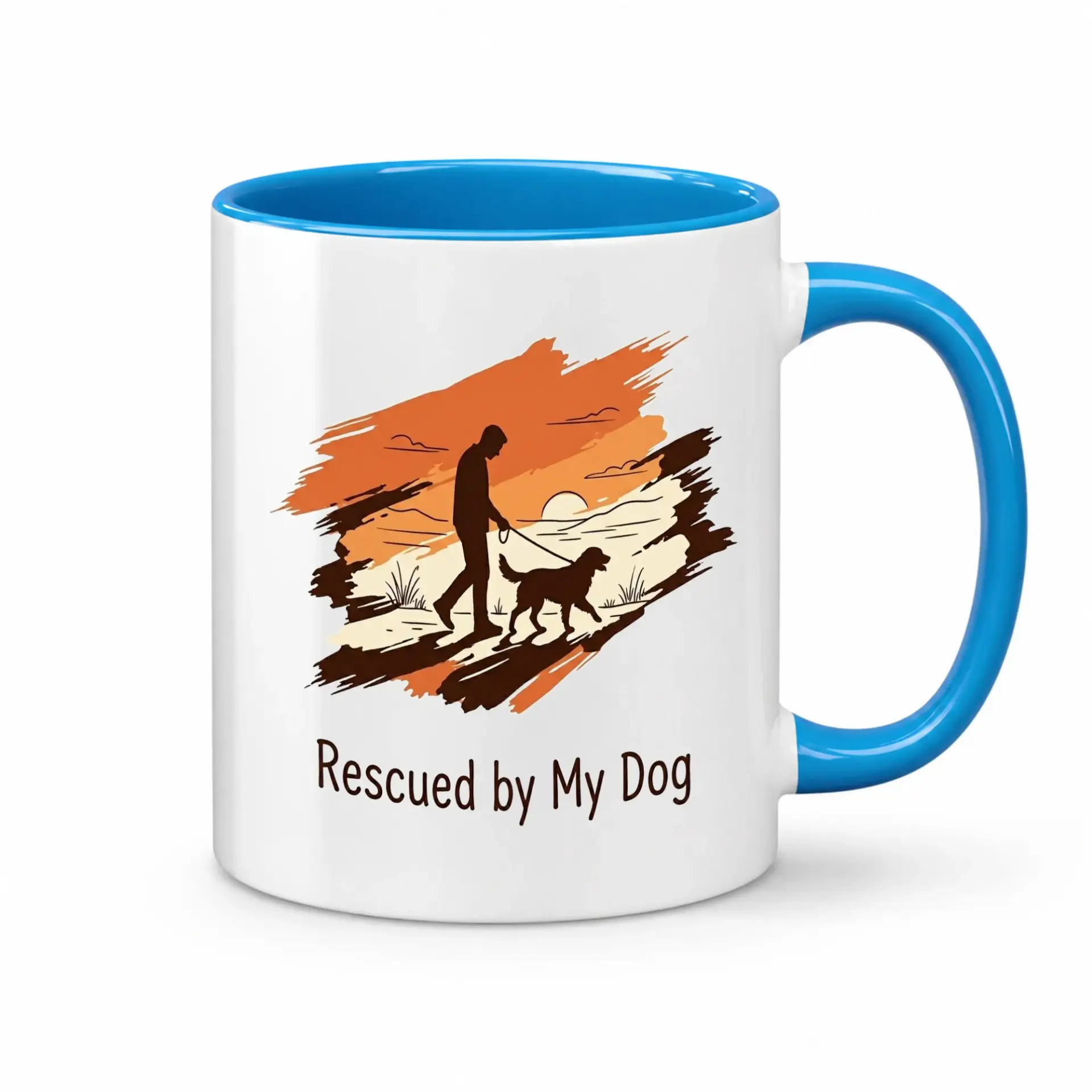 Dog Lover Ceramic Coffee Mug with Rescued by My Graphic Design Featuring a Man Walking His Pet in a Sunset