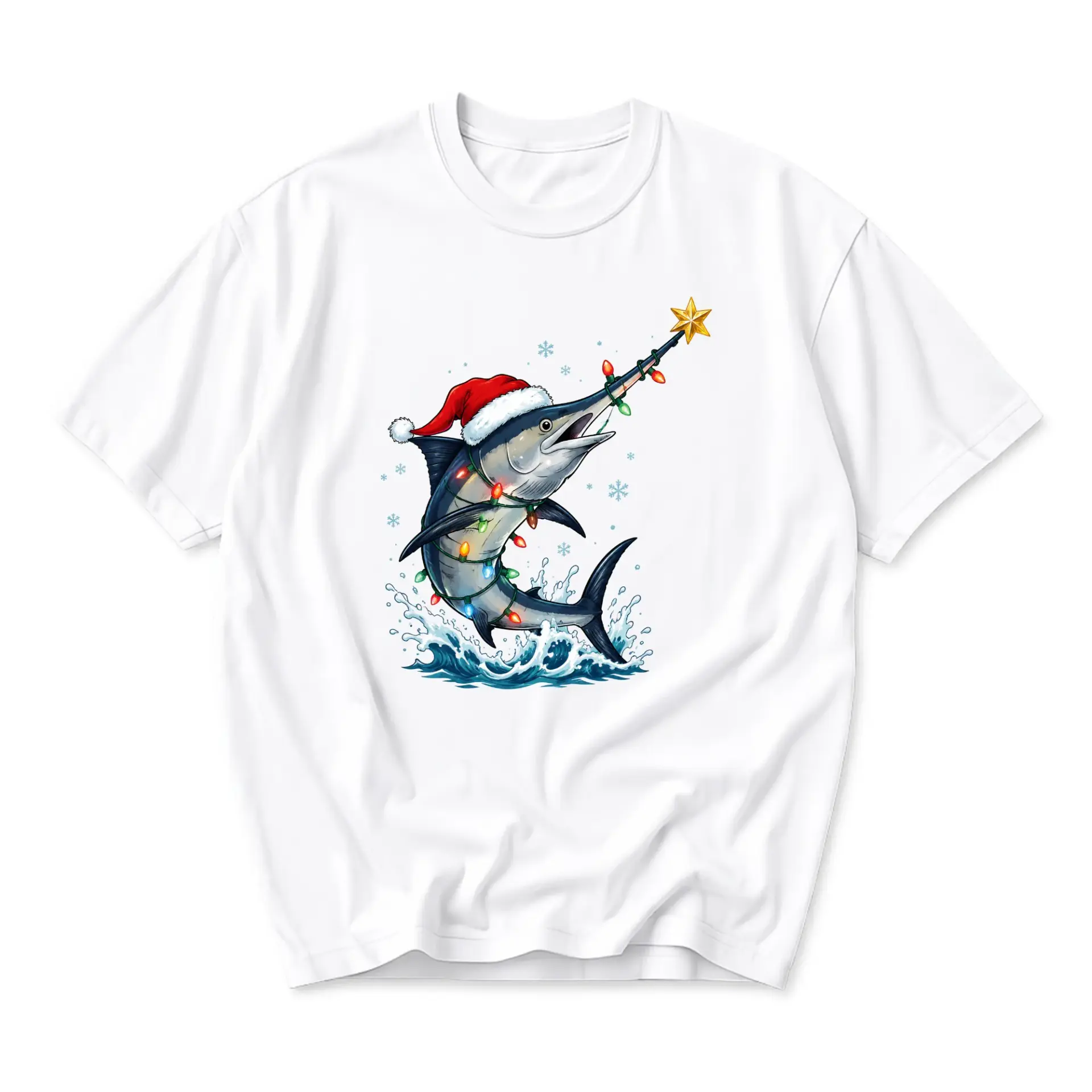 Funny Shirt Christmas Marlin Graphic Tee Holiday Ocean Wildlife Print Short Sleeve Casual Crew Neck Unisex Cotton Top