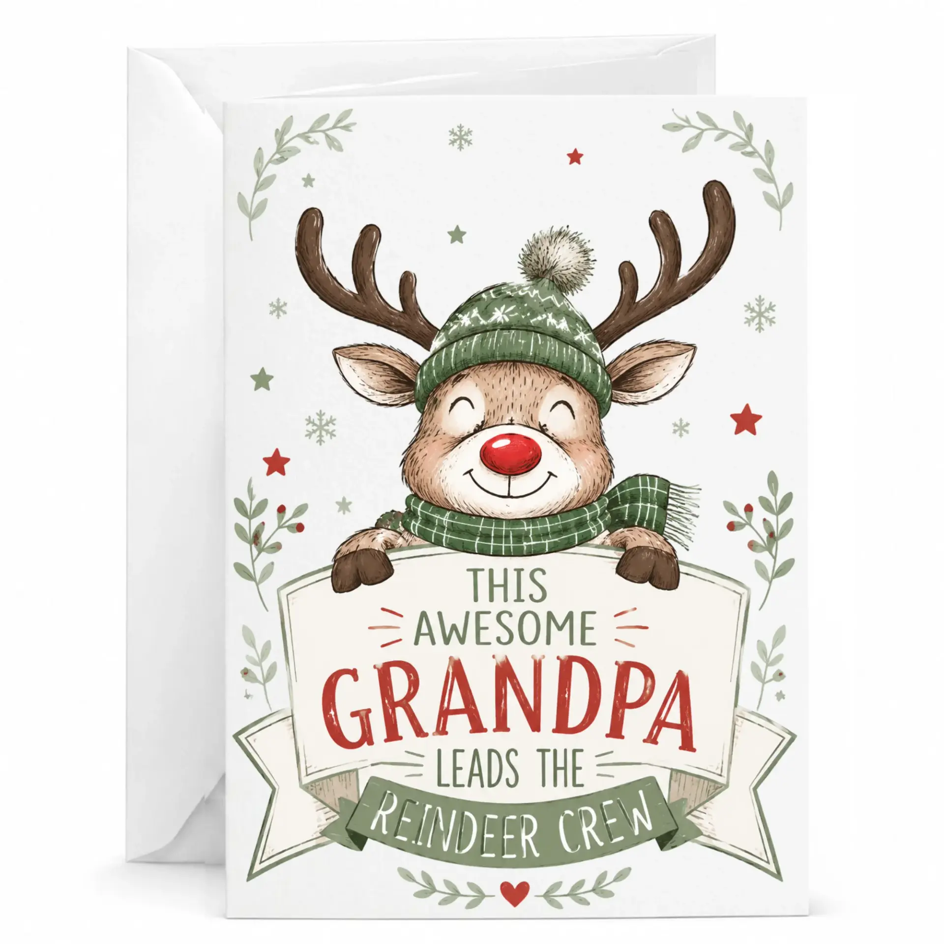 Greeting Card Awesome Grandpa Reindeer Crew Funny Holiday Design Premium Cardstock with Matching White Envelope 5x7 Inch