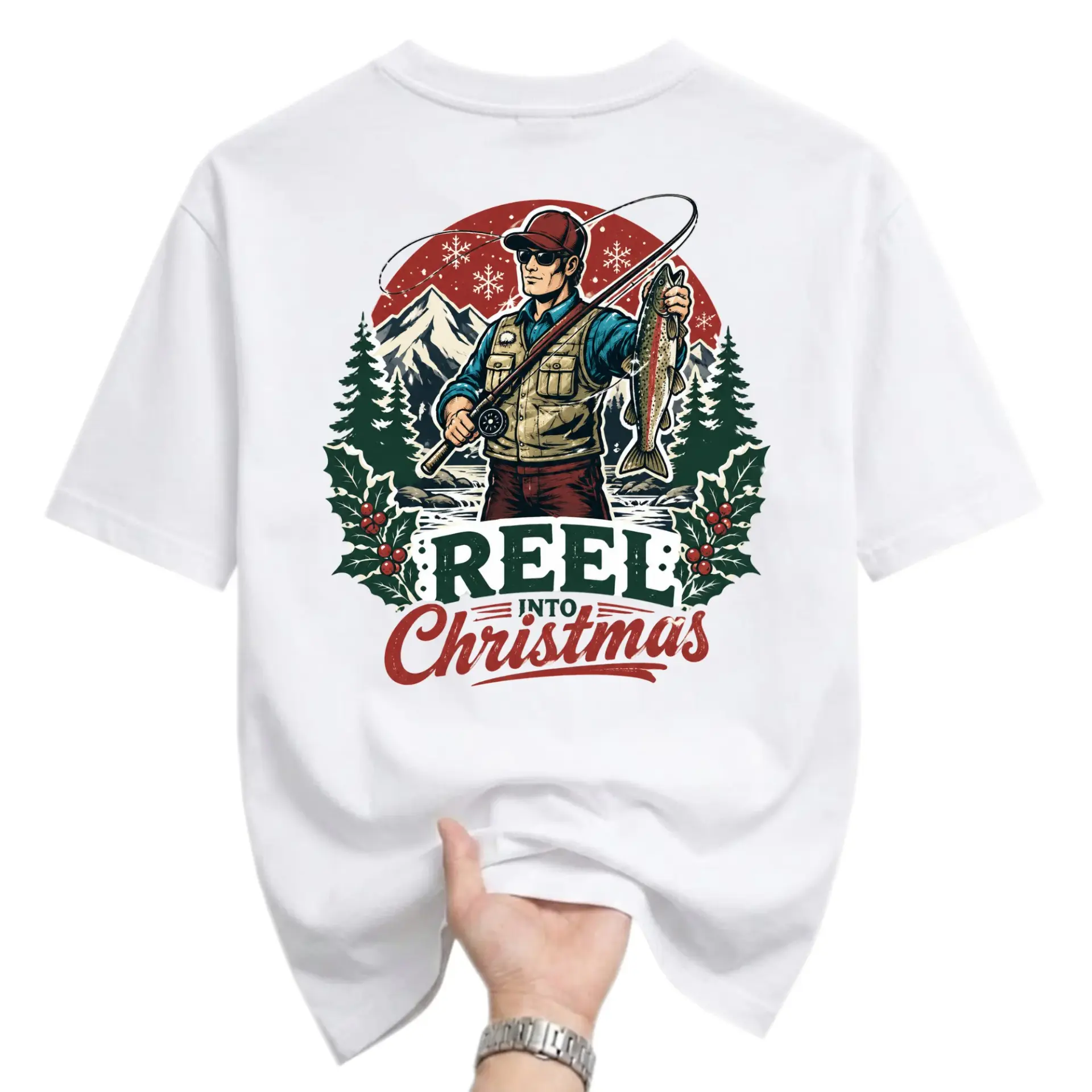 Funny Shirt Reel into Christmas Fisherman Graphic Tee Holiday Fishing Lover