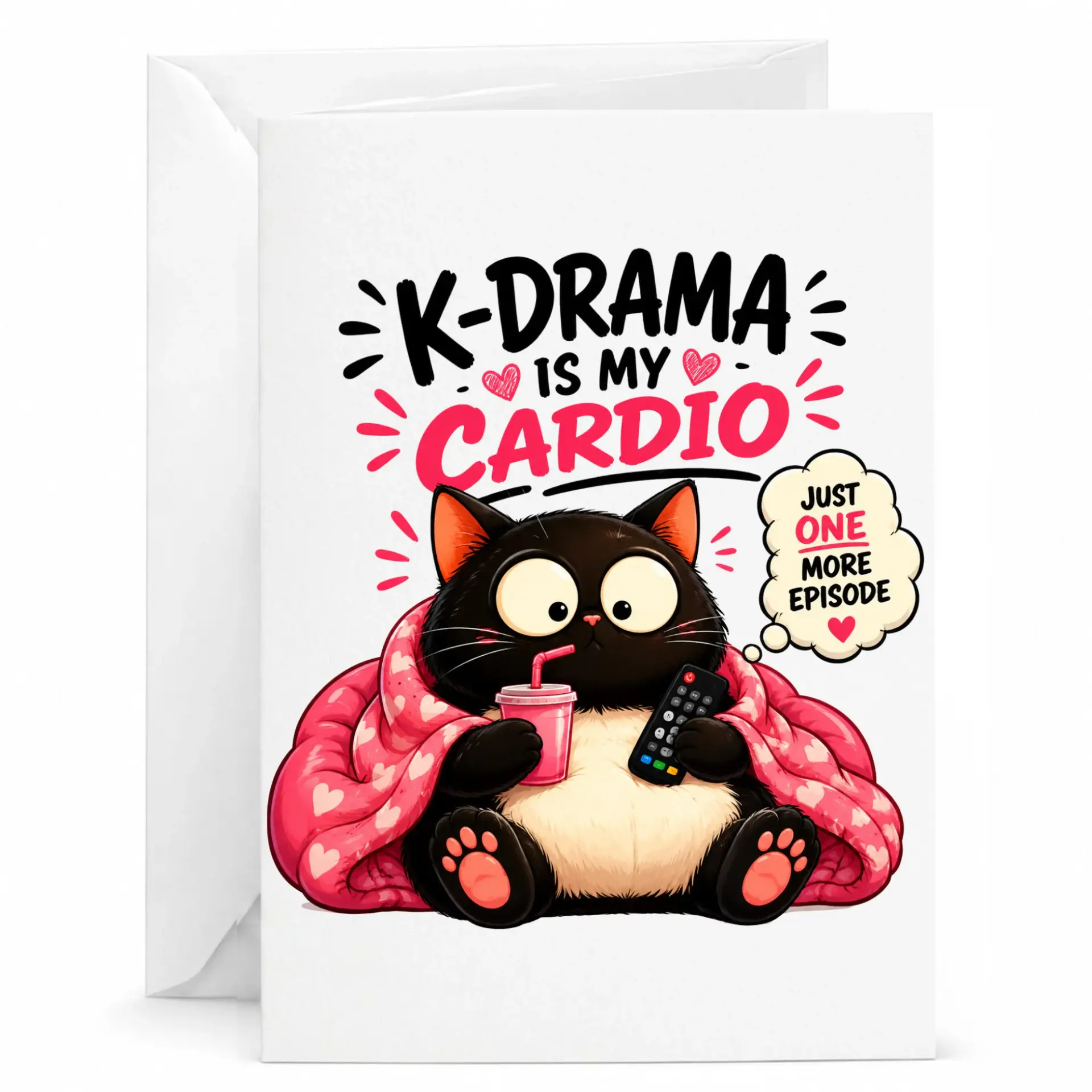 Funny K-Drama Card for Fans, Cute Cat Watching Shows Illustration Greeting Card for Birthday or Anniversary