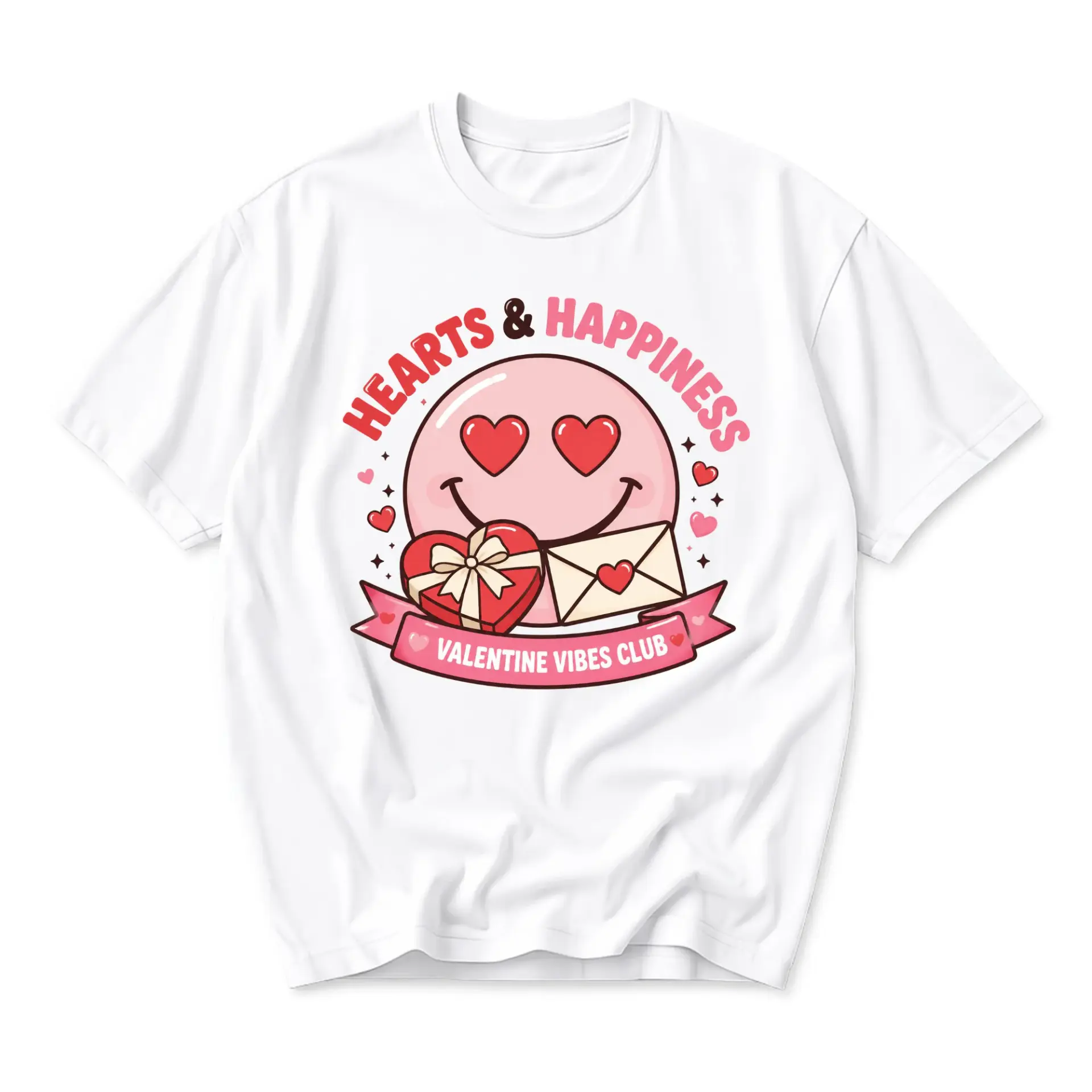 Graphic Tee Hearts and Happiness Valentine Vibes Club Smile Face Illustration Unisex Casual Crew Neck T-Shirt