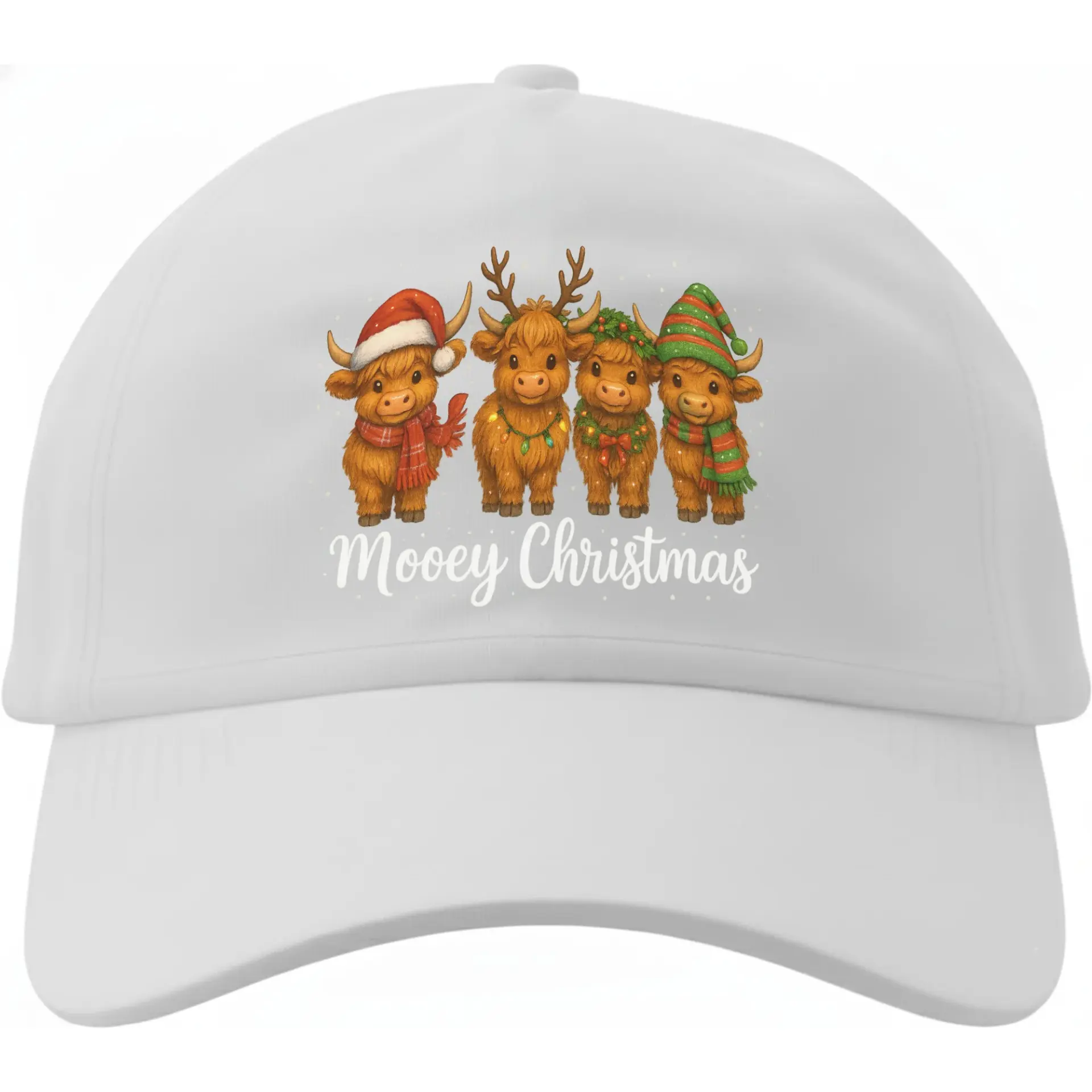 Baseball Cap Funny Mooey Christmas Highland Cow Gift Cute Holiday Animal Print Cotton Adjustable Dad Hat White