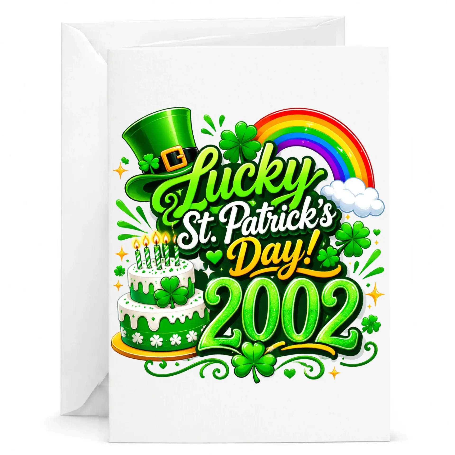 Lucky St. Patrick's Day Greeting Card, Festive Green Holiday Card with Leprechaun Hat and Rainbow Design, 5x7 Inches