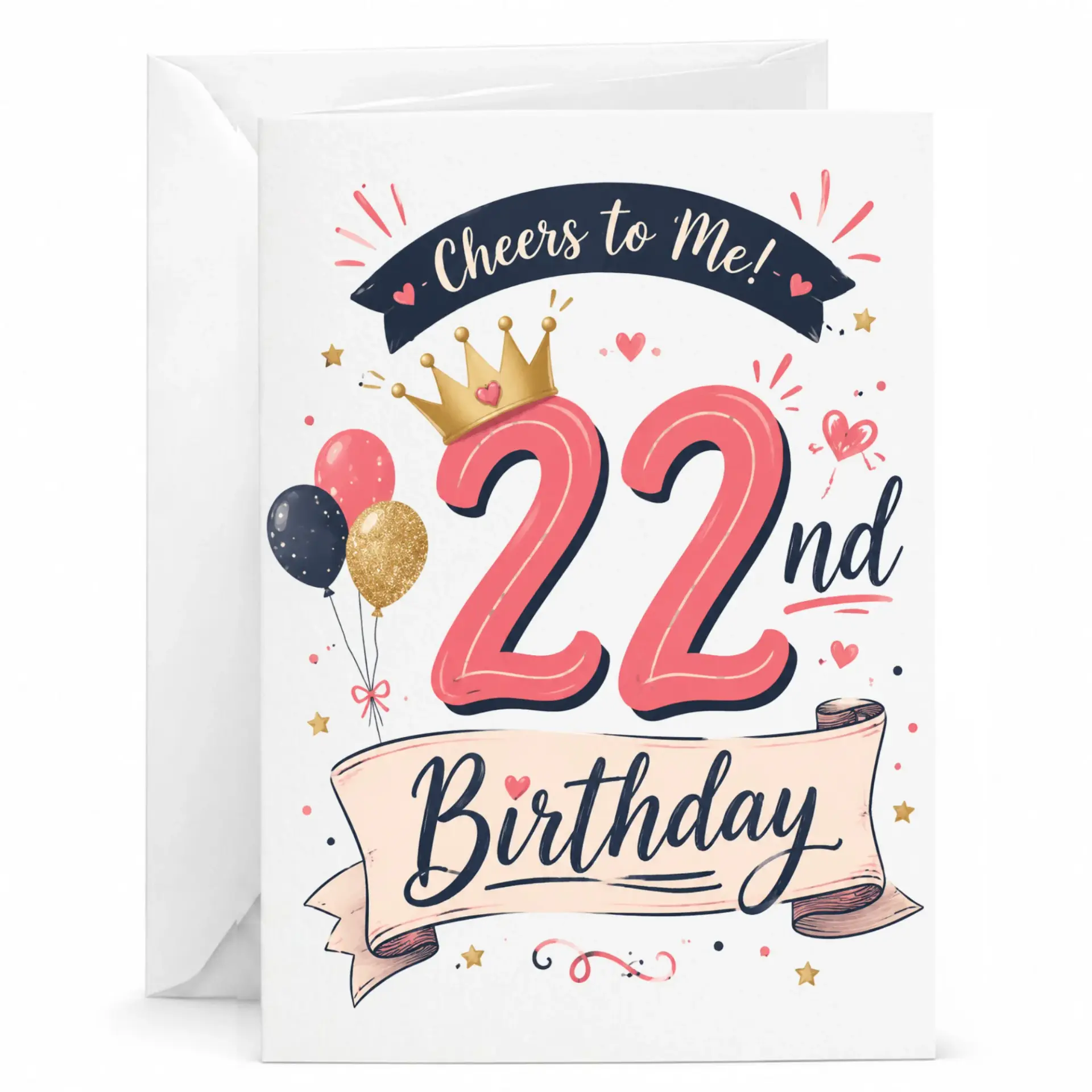 Birthday Card 22nd Birthday Cheers to Me Greeting Card with Gold Crown and Balloons for Twenty Second Birthday Milestone