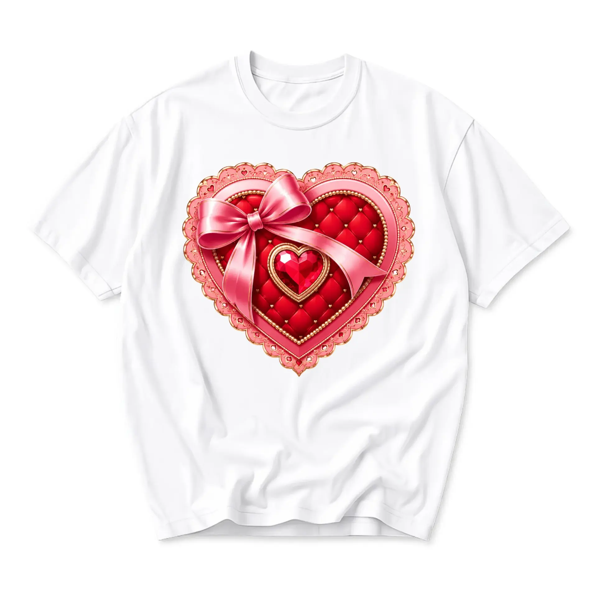 Graphic Tee Heart Motif T-Shirt Featuring Ornate Quilted Red Heart with Pink Ribbon Bow Design for Casual Daily Wear