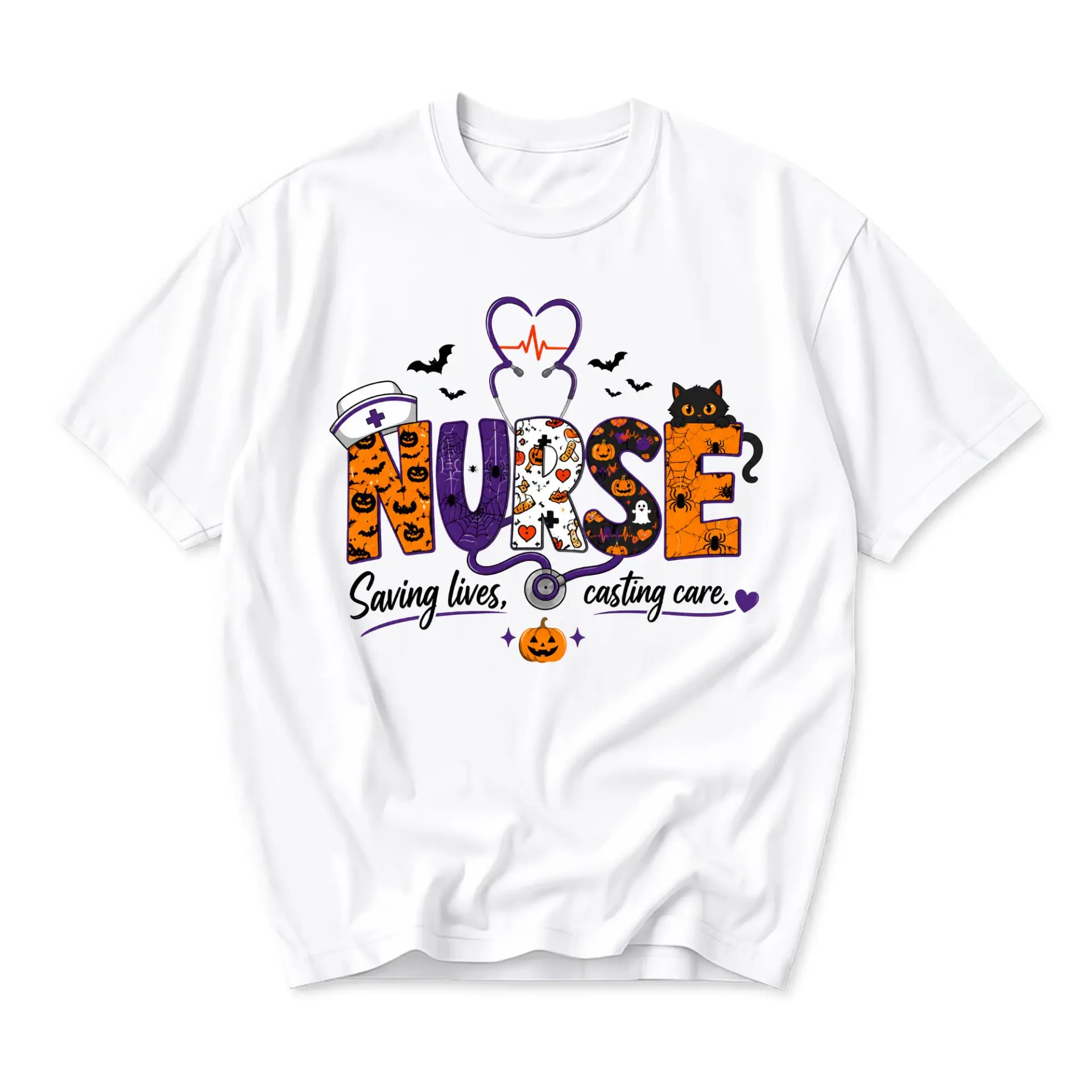 Funny Shirt Nurse Saving Lives Casting Care Halloween Graphic Tee Soft Cotton Casual Unisex Crew Neck Top